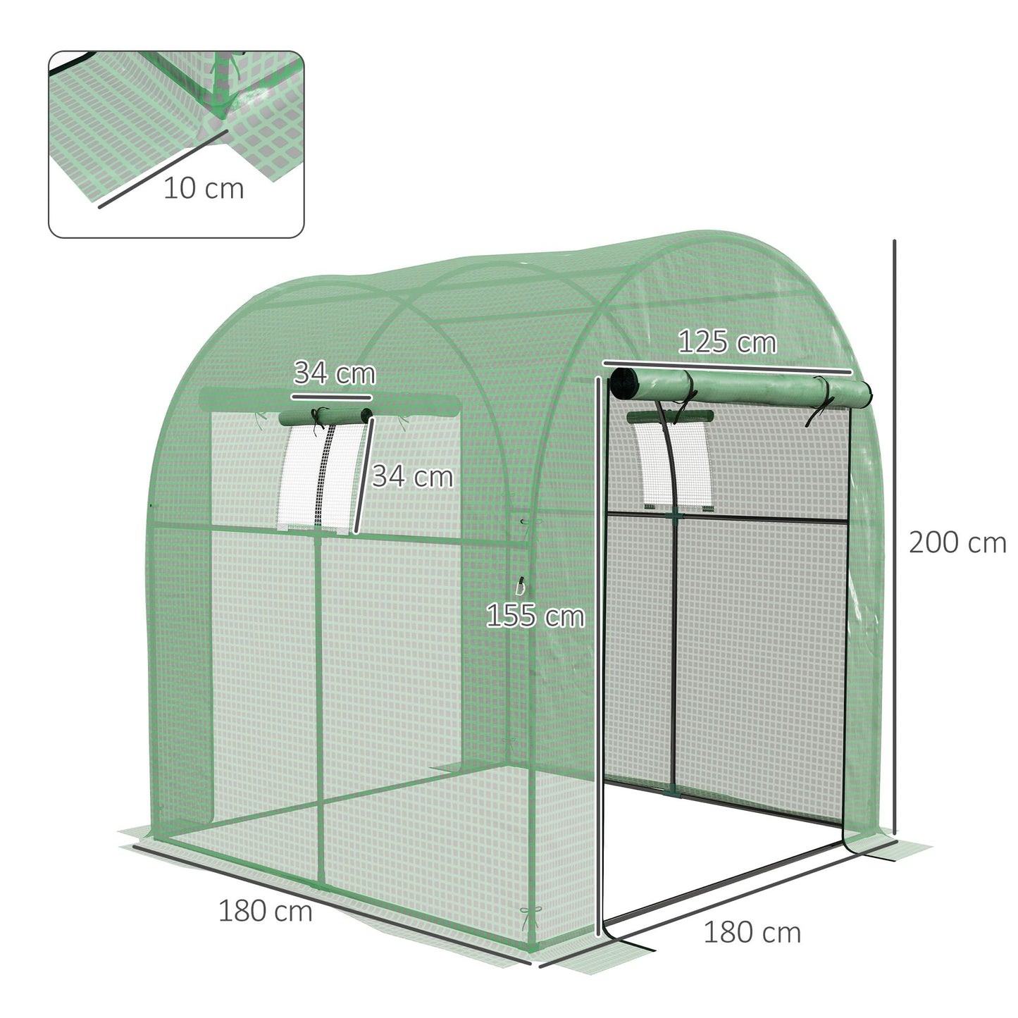 Outsunny 1.8 x 1.8 x 2m Polytunnel Greenhouse with Doors and Mesh Windows, Walk-in Grow House Tent with UV-resistant PE Cover and Steel Frame, Green