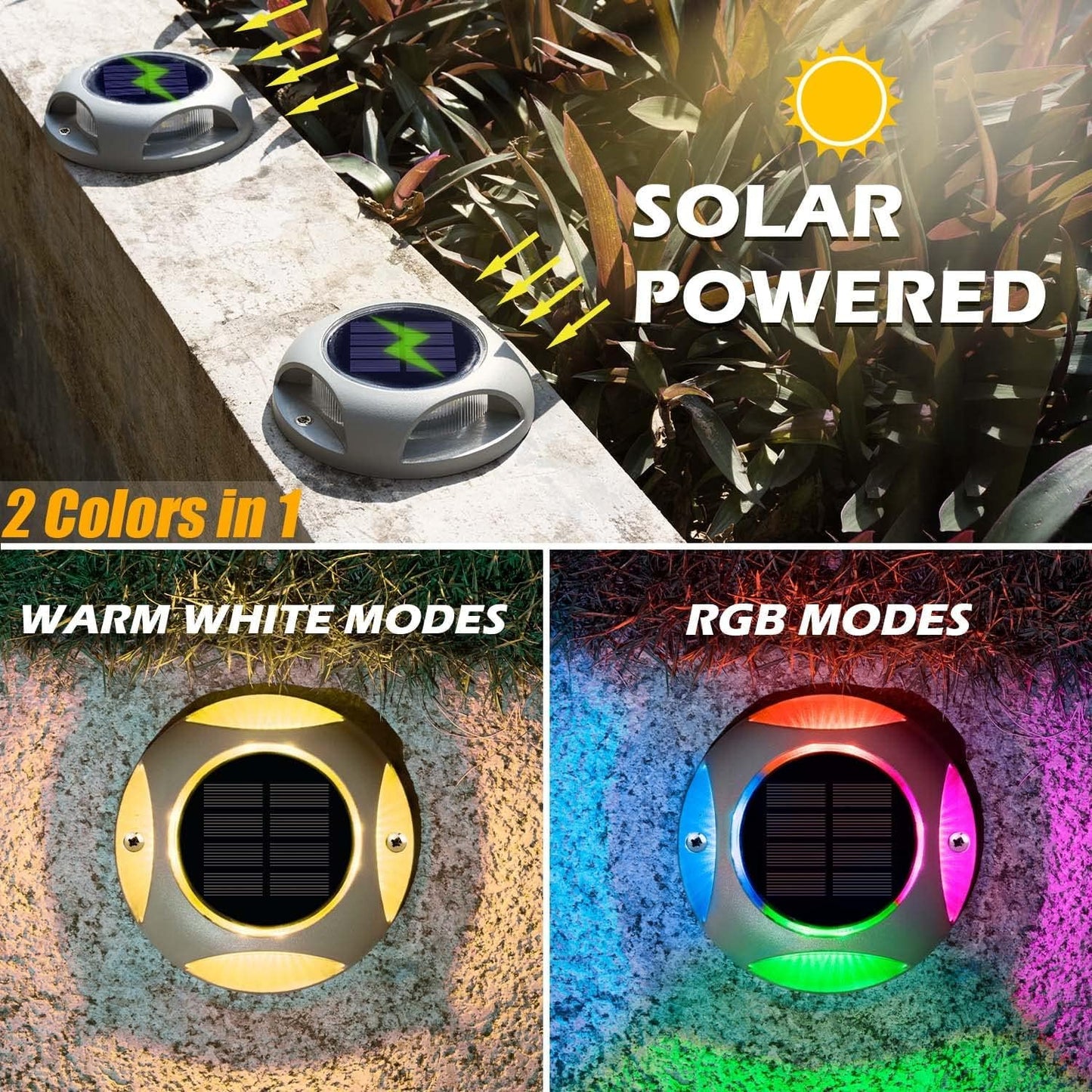 Siedinlar Solar Deck Lights Outdoor Solar Powered Decking Lights Waterproof Solar Ground Lights Solar Lights Outdoor Garden for Pathway Driveway Step Dock 4 Pack (Warm White/RGB Changing)
