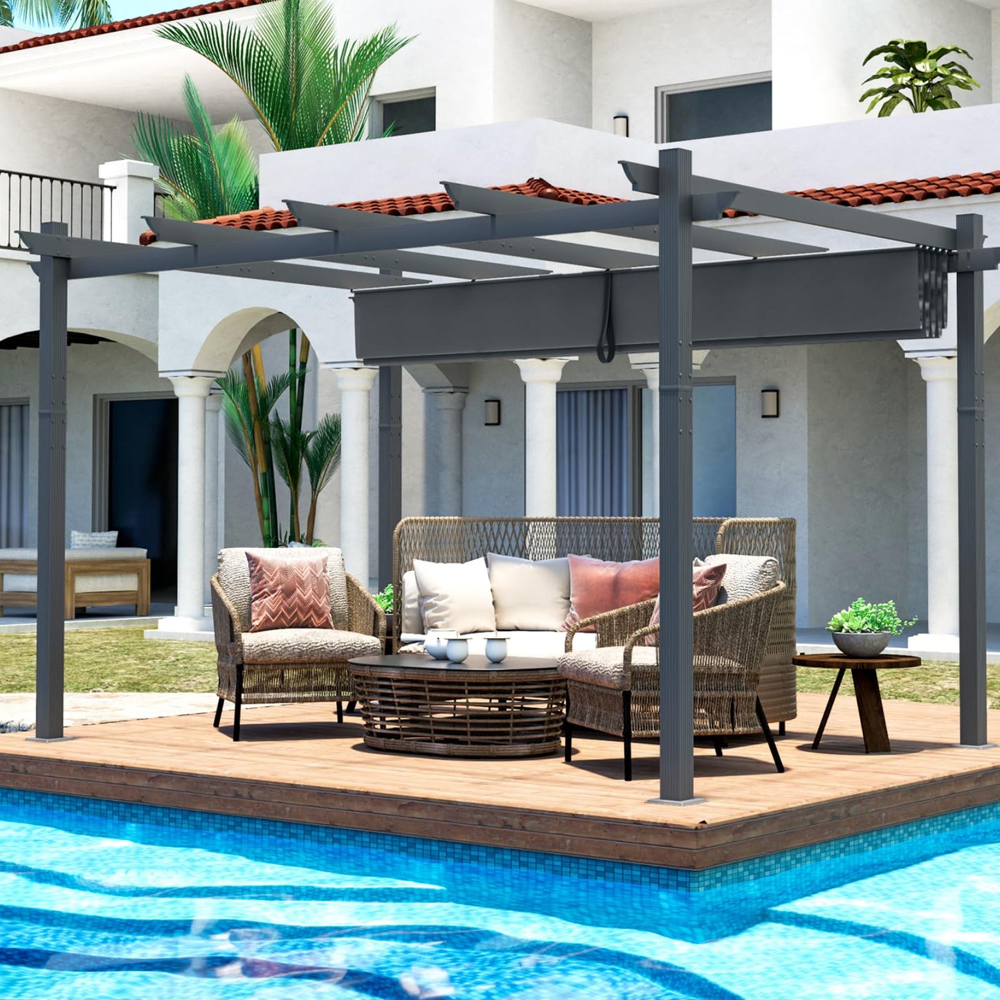 TANGZON 3M x 4M Metal Pergola with Retractable Canopy, Outdoor Large Garden Shade Gazebo, Weatherproof Aluminium Sun Shelter for Lawn Porch Party BBQ (Grey)