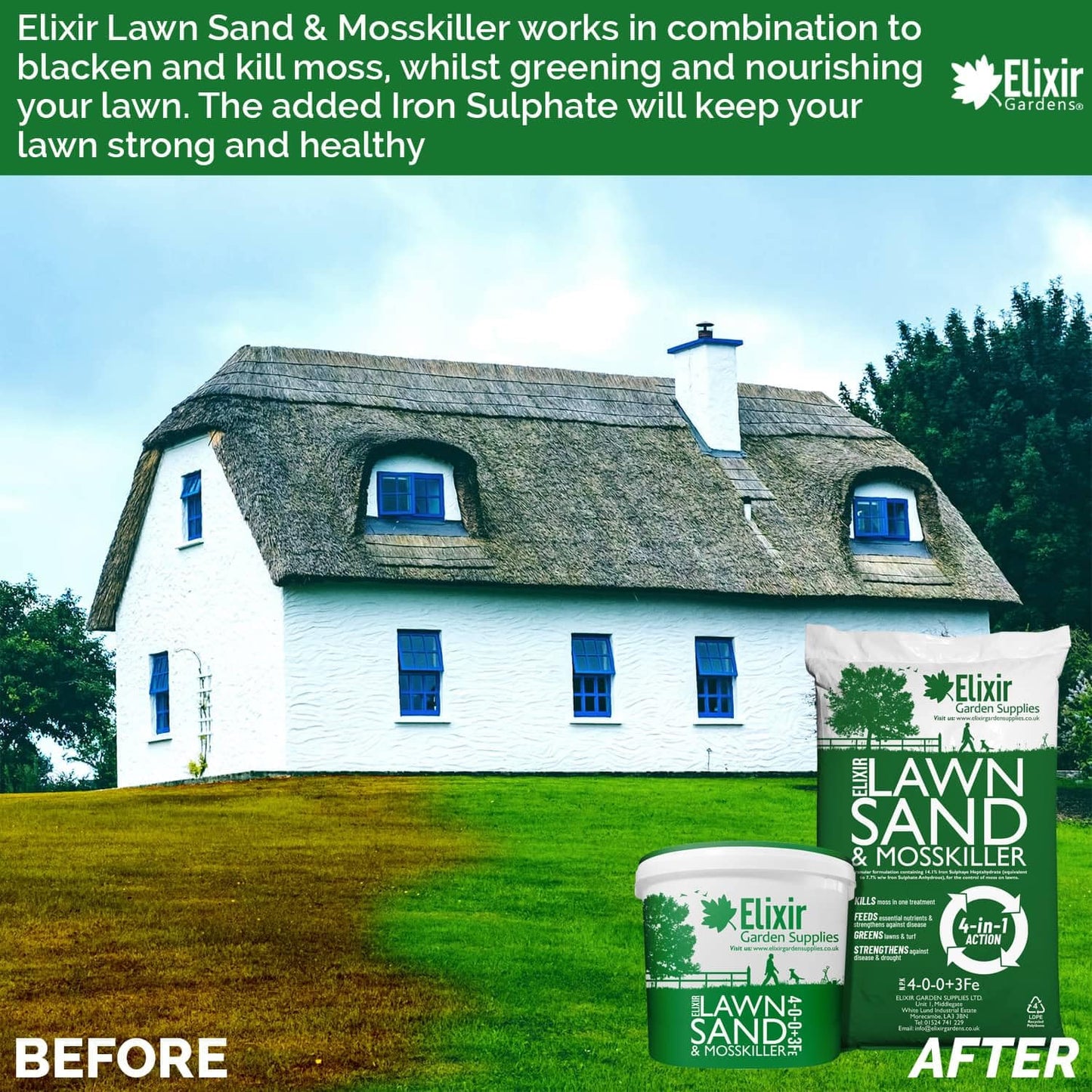 Elixir Gardens Lawn Sand & Moss Killer Treatment | Turf Green Up with Iron Sulphate | 4-0-0-3Fe | 20kg Bag | Treats over 310 sq. meters