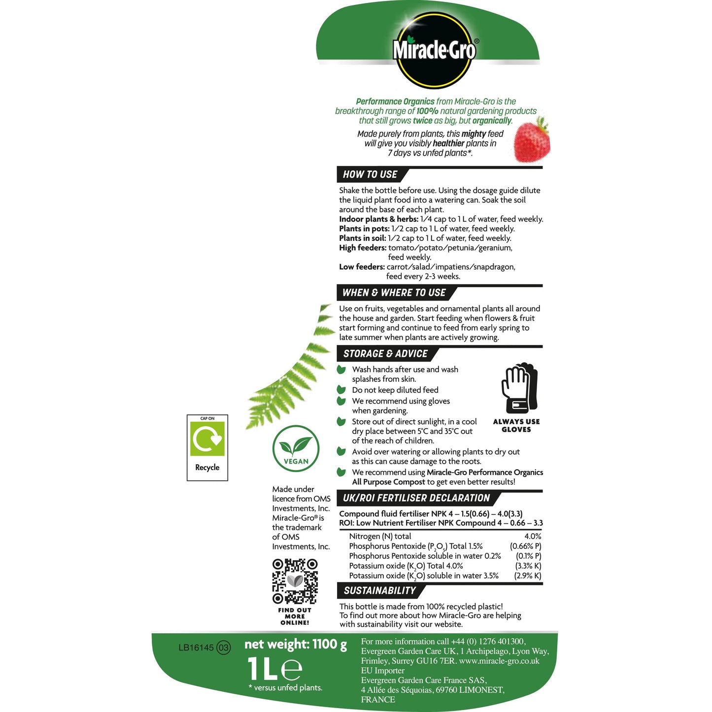 Miracle-Gro Performance Organics All Purpose Liquid Plant Food, 1 Litre (Bee, Pet & Child Friendly)