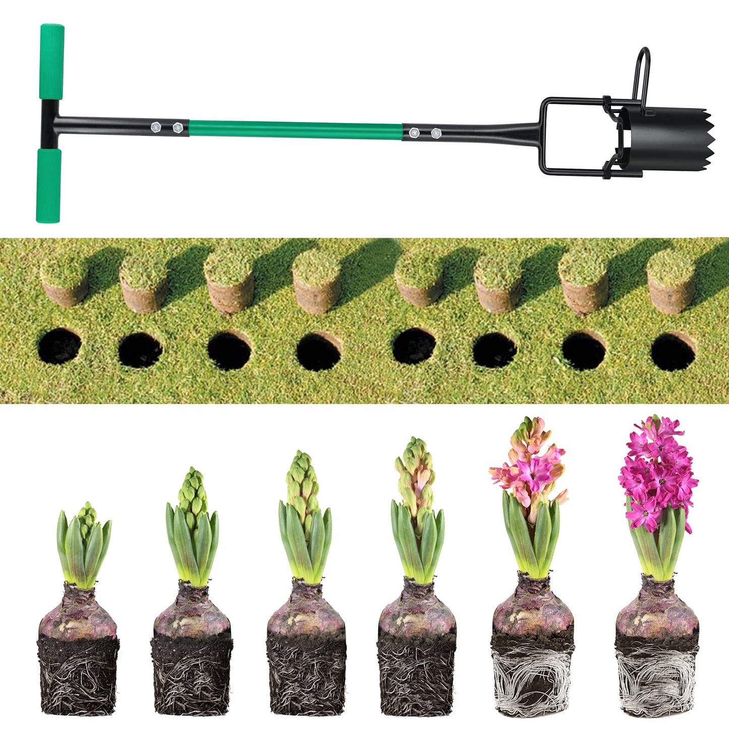 Hortem Bulb Planter Tool Long Handle, Long Handled Bulb Planter with Sliding Footrest for Easy Soil Pushing, Transplant Flowers, Seedlings or Vegetables without Bending