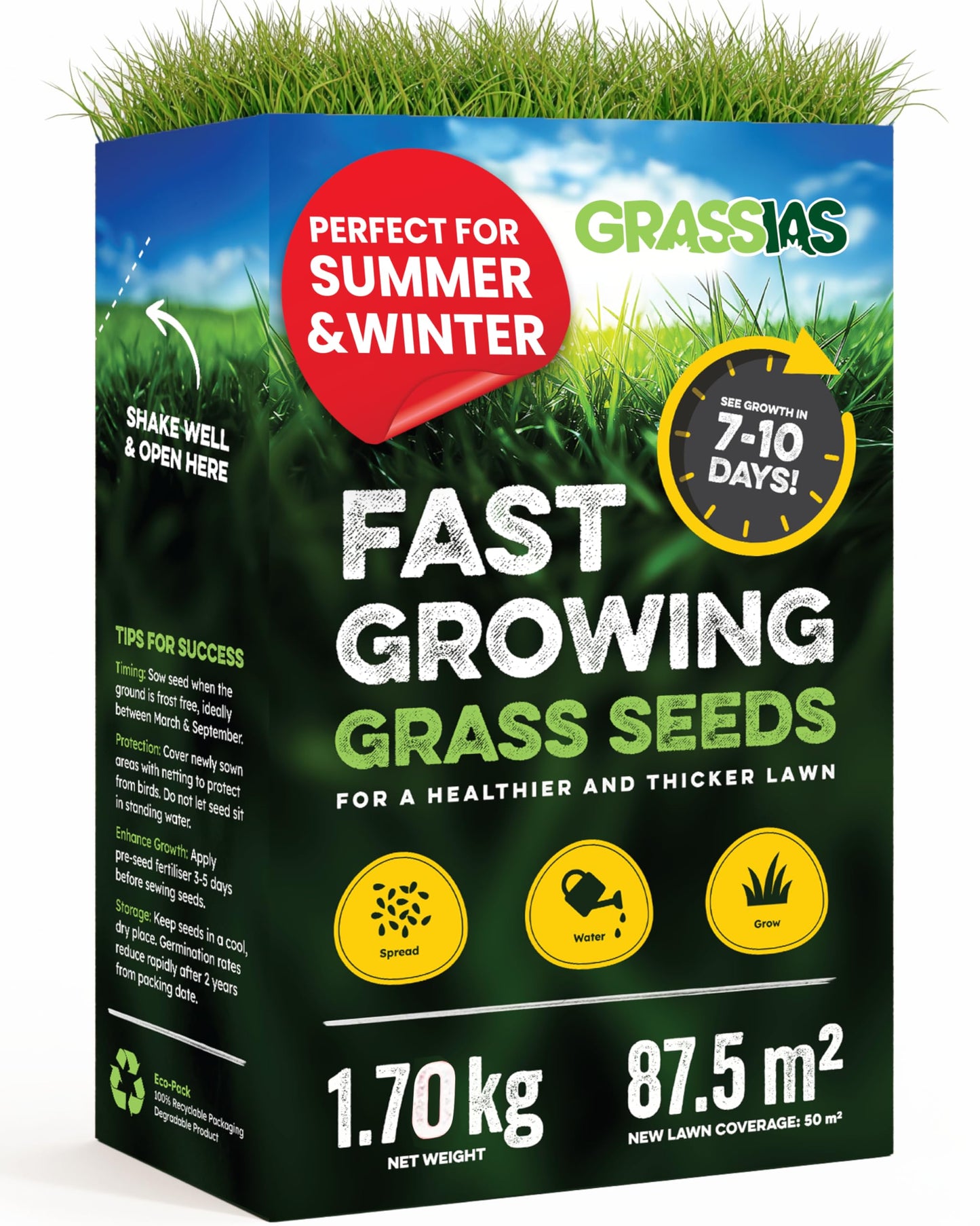 Grassias Fast Growing Grass Seed – 1.70KG Premium Quality Lawn Seed for Overseeding & New Lawns – Hard Wearing & Pet Friendly - Perfect for UK Lawns - Winter & Defra Approved