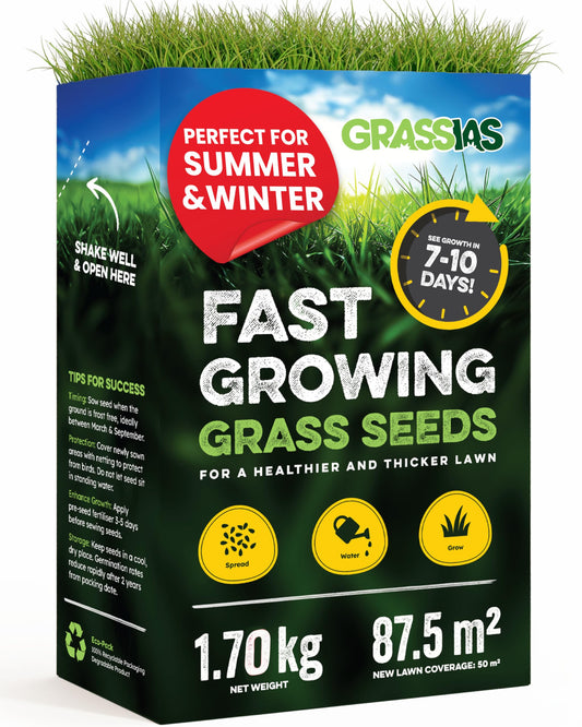 Grassias Fast Growing Grass Seed – 1.70KG Premium Quality Lawn Seed for Overseeding & New Lawns – Hard Wearing & Pet Friendly - Perfect for UK Lawns - Winter & Defra Approved