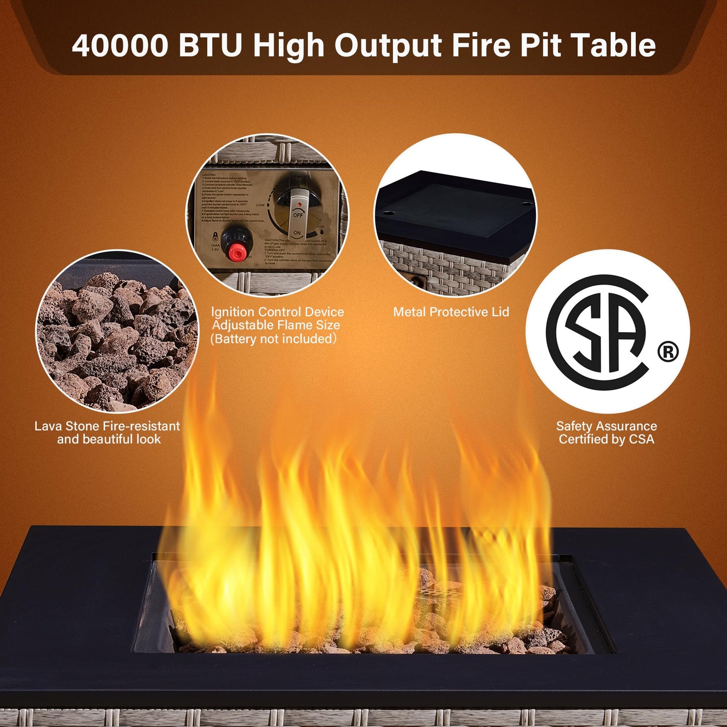 Aweather Rattan Garden Furniture Set with Fire Pit Table 5 Pieces Outdoor Sectional Sofa Set, CSA Certification, All Weather Wicker Patio Conversation Sets for Garden, Poolside, Backyard