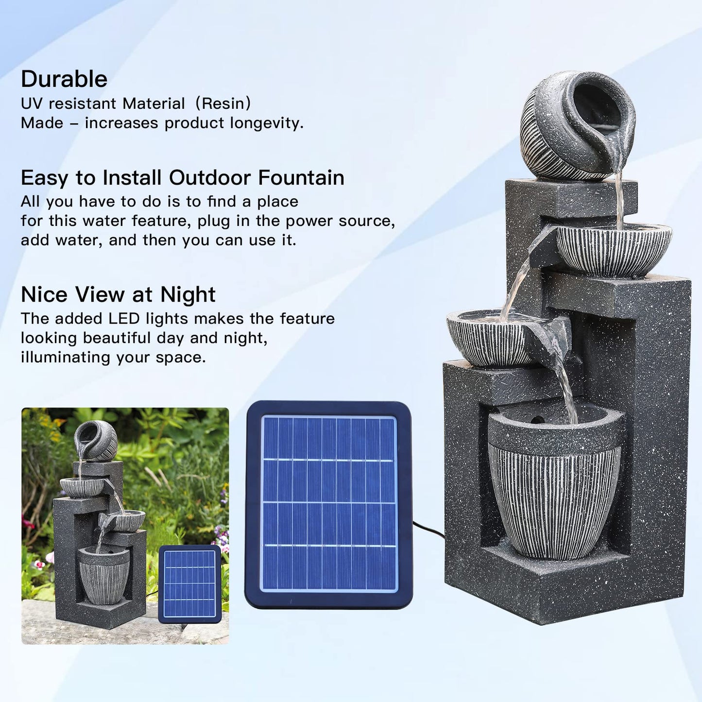 BTGGG Water Feature Outdoor Fountain Rockery Decoration Solar Powered Garden Ornament with LED Light, 19 x 51cm Size Fit for Garden, Pond, Terrace, Balcony
