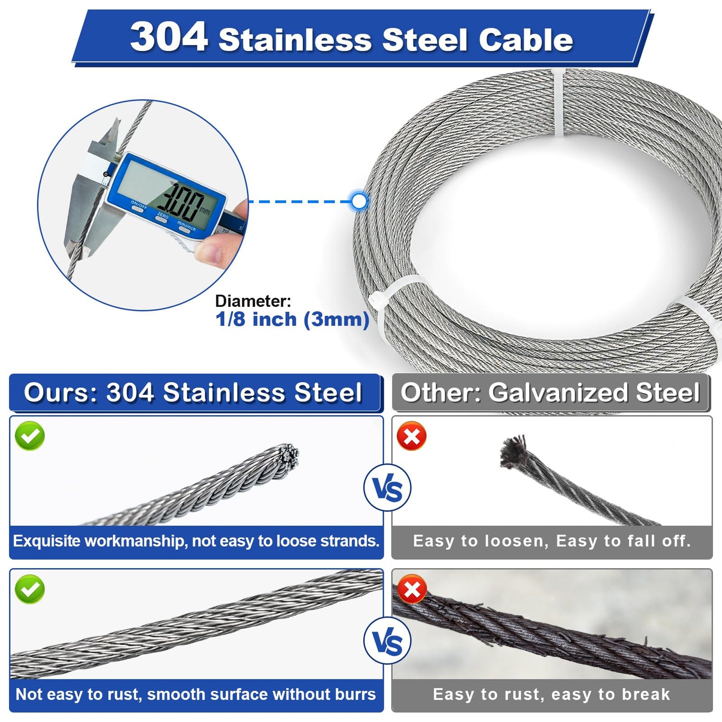 TooTaci 3mm Wire Rope Kit, Balustrade Wire Kit, 122M/ 3mm Stainless Steel Wire Rope, Steel Cable 7×7 Strands, with 20pcs M5 Turnbuckle Wire Tensioner Kit, 3mm Wire Balustrade Kits for Decking, Fencing
