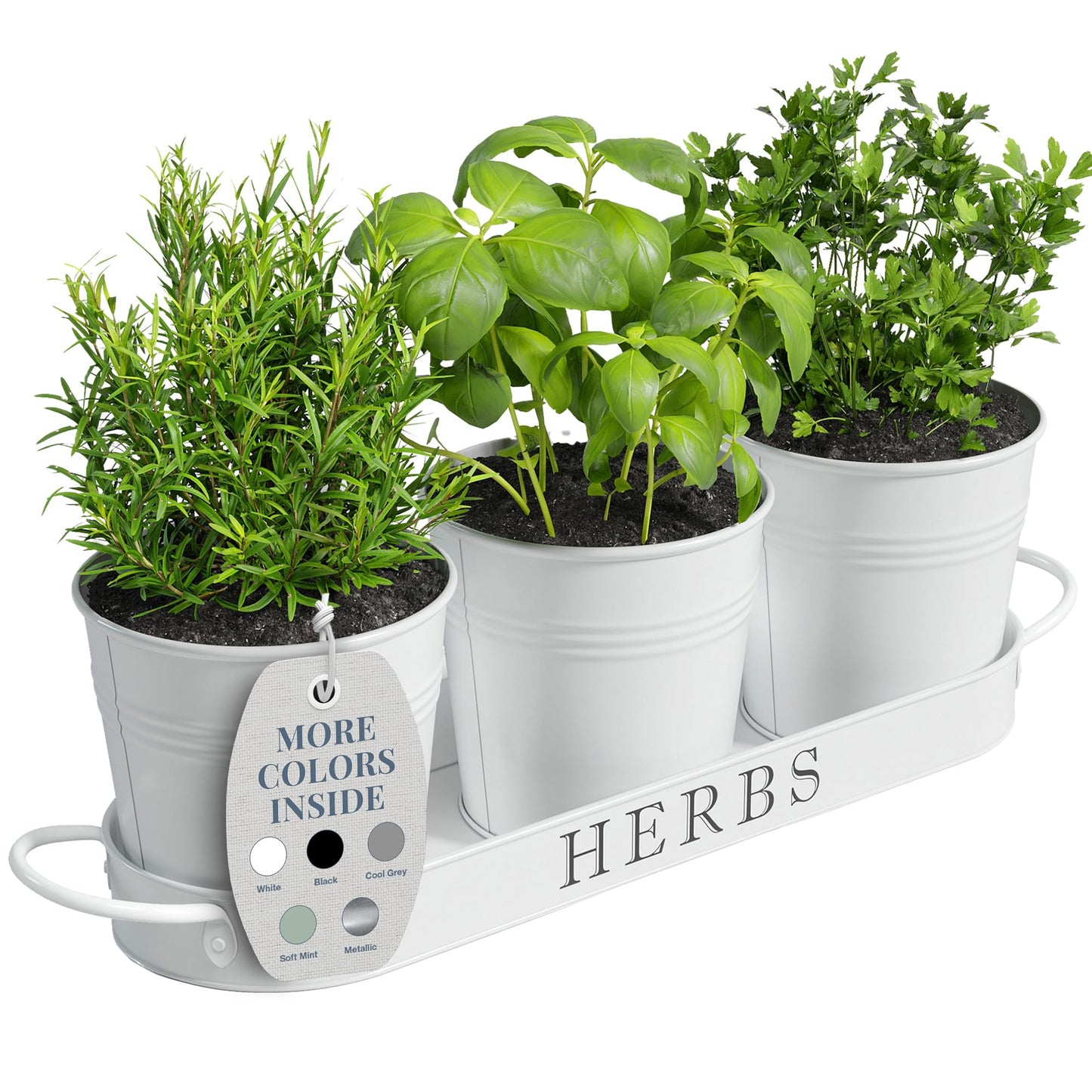 Barnyard Designs Herb Pot Planter Set with Tray for Indoor Garden or Outdoor Use, Decorative White Metal Succulent Potted Planters for Kitchen Windowsill
