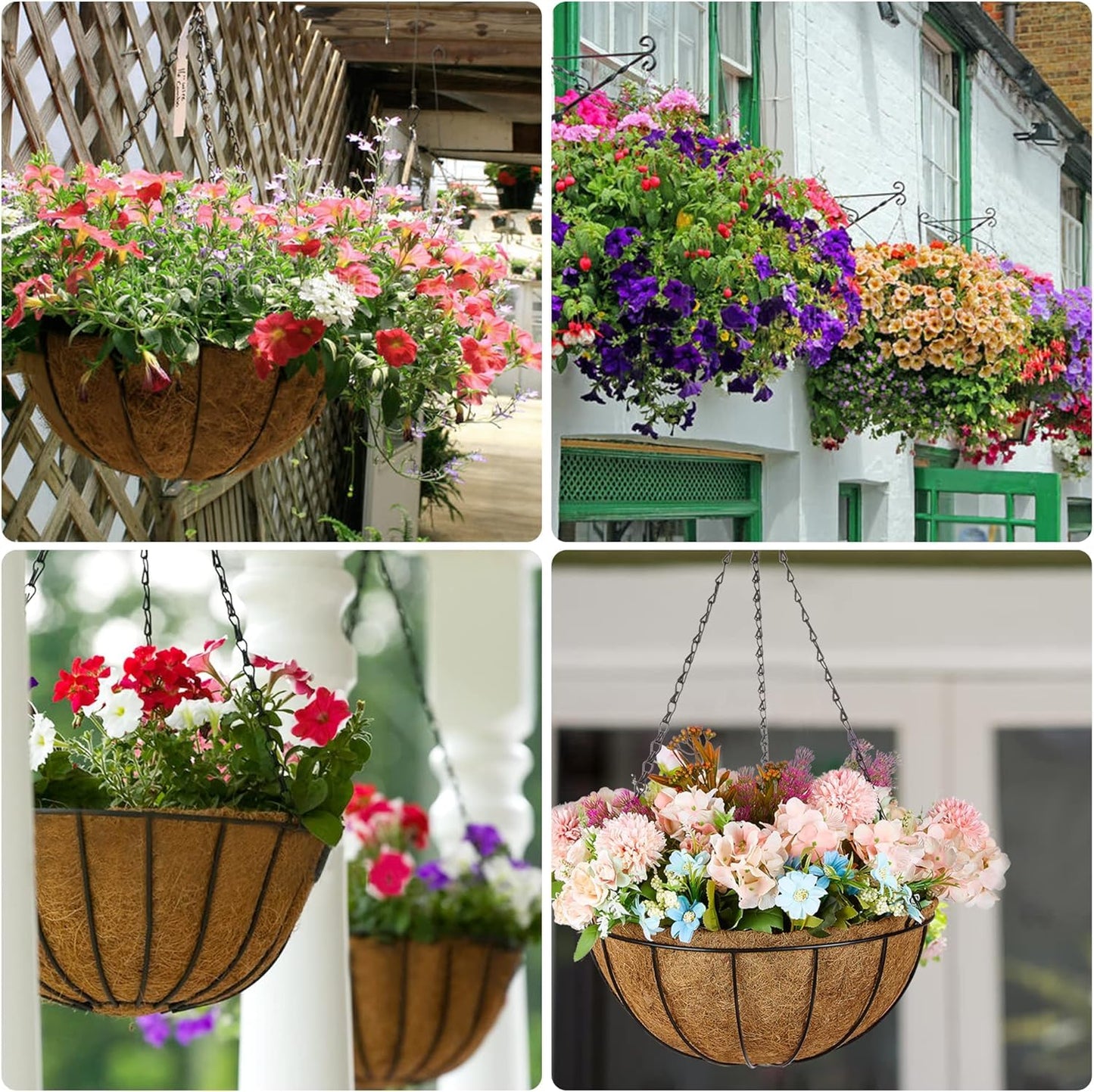 LATERN 4Pcs Metal Hanging Basket with Coco Liner, 20CM Round Metal Hanging Flower Pots Coconut Coir Liner Planter with 40cm Black Chain for Garden Porch Balcony Patio Plant Flower Decoration