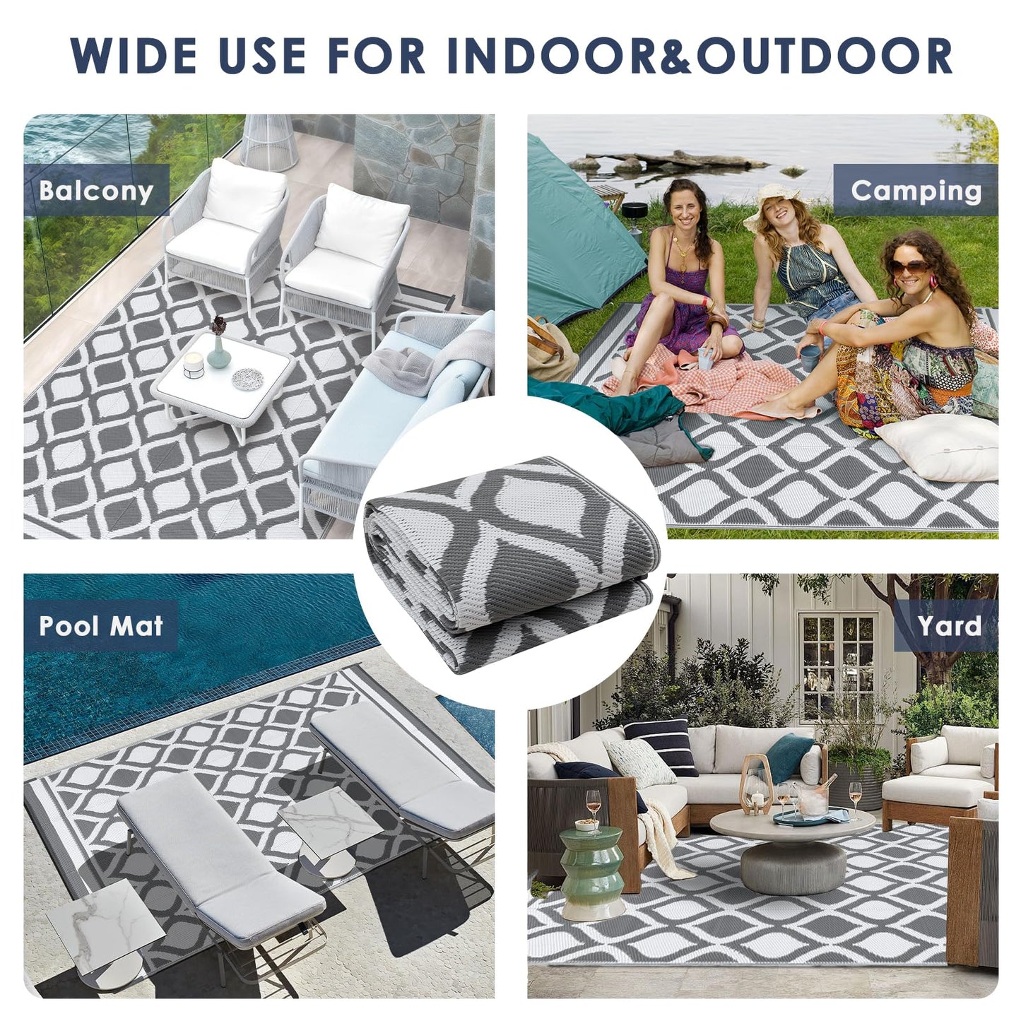 VK·living Outdoor Rug for Garden Patios Waterproof 120X180cm Reversible Carpet Durable & UV Resistant Modern Outdoor Mat Portable Lightweight Area Patio Rugs for Balcony Camping Yard RV Grey&White