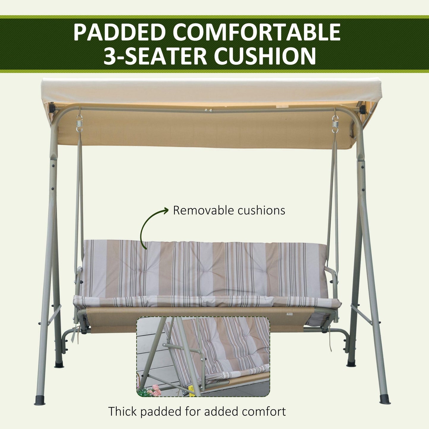 Outsunny 3 Seater Garden Swing Chair Patio Swing Bench with Tilting Canopy, Removable Cushion, Light Brown Top, Brown