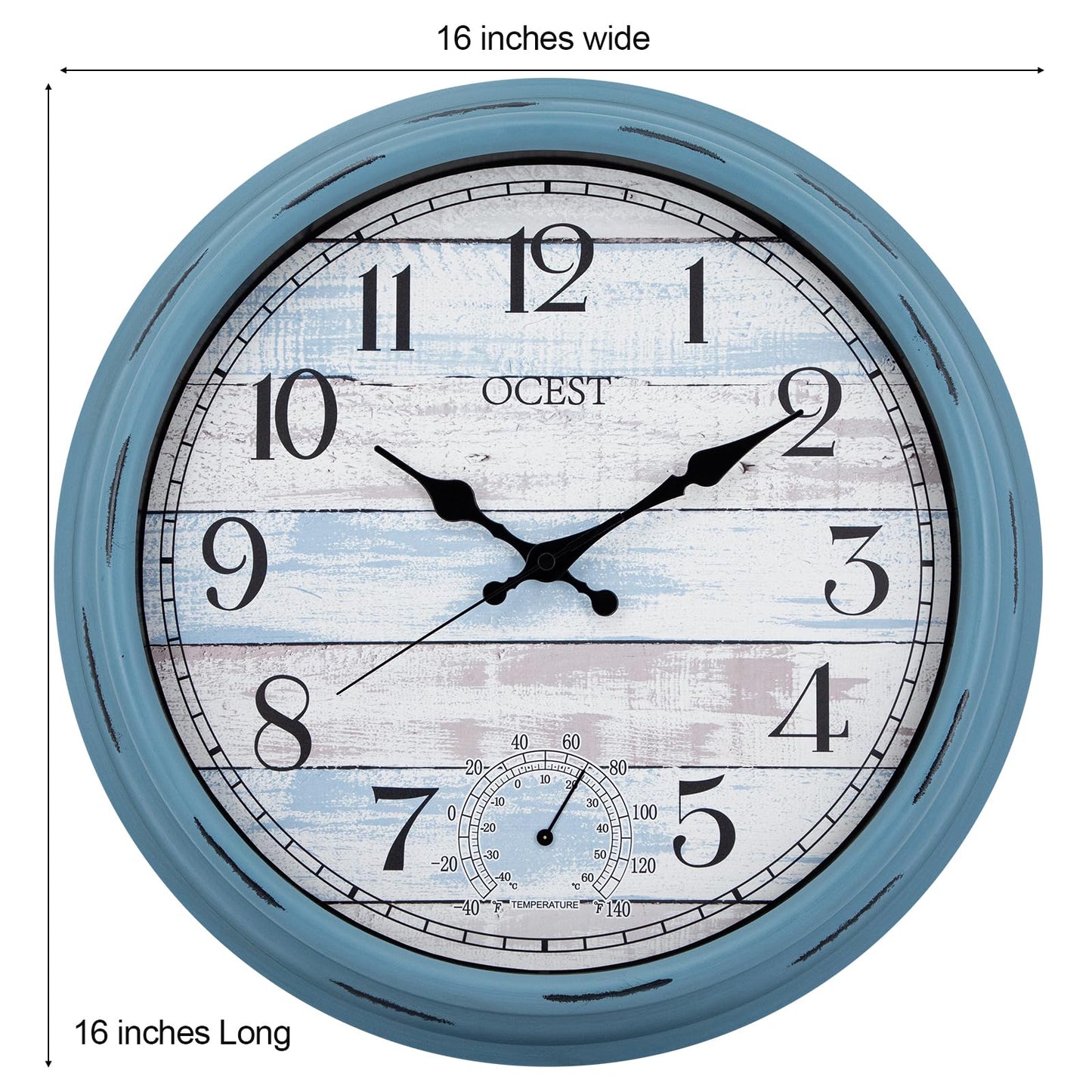 OCEST 16 Inch Garden Clocks Outdoor Waterproof, Large Wall Clock with Thermometer, Silent Non-Ticking Battery Operated Decor for Patio Pool Porch Garden