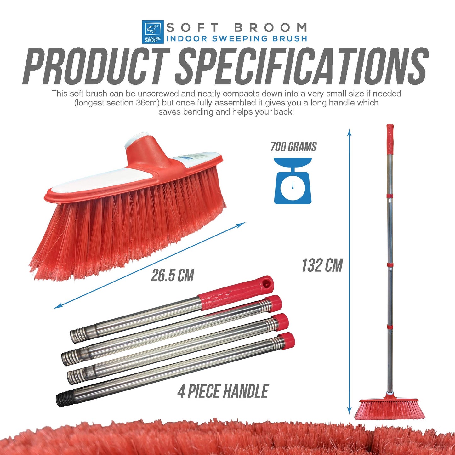 Soft Sweeping Brush Broom Indoor with Multi-Section Stainless Steel Long Handled Brush − House Broom Soft Bristle Brush for Cleaning Home and Kitchen Floors (Red)