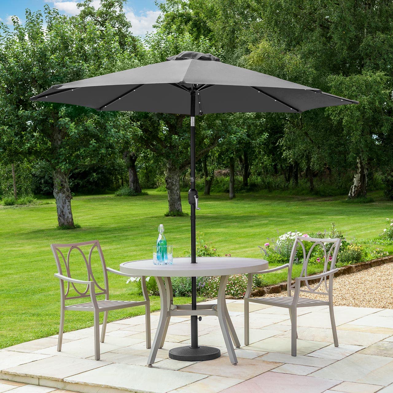 Harrier Crank & Tilt Parasol with LED Lights [2.7m] – Outdoor Garden Patio Umbrella with Optional Waterproof Cover – 5 Colour Options (Grey, Parasol Only)