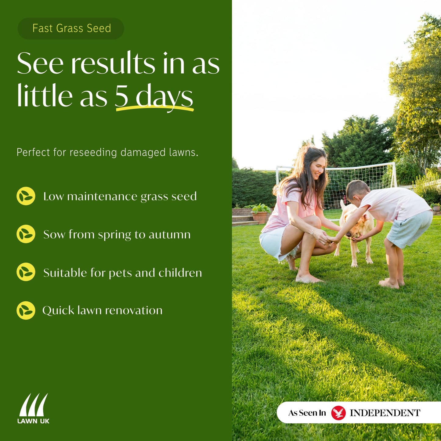 Fast Grass Seed Lawn UK - 5KG - Easy to sow - Fast to Grow & Germinate - 7-10 Days - Hardwearing - Affordable Price - for Small High Traffic Lawns - Quick Renovation