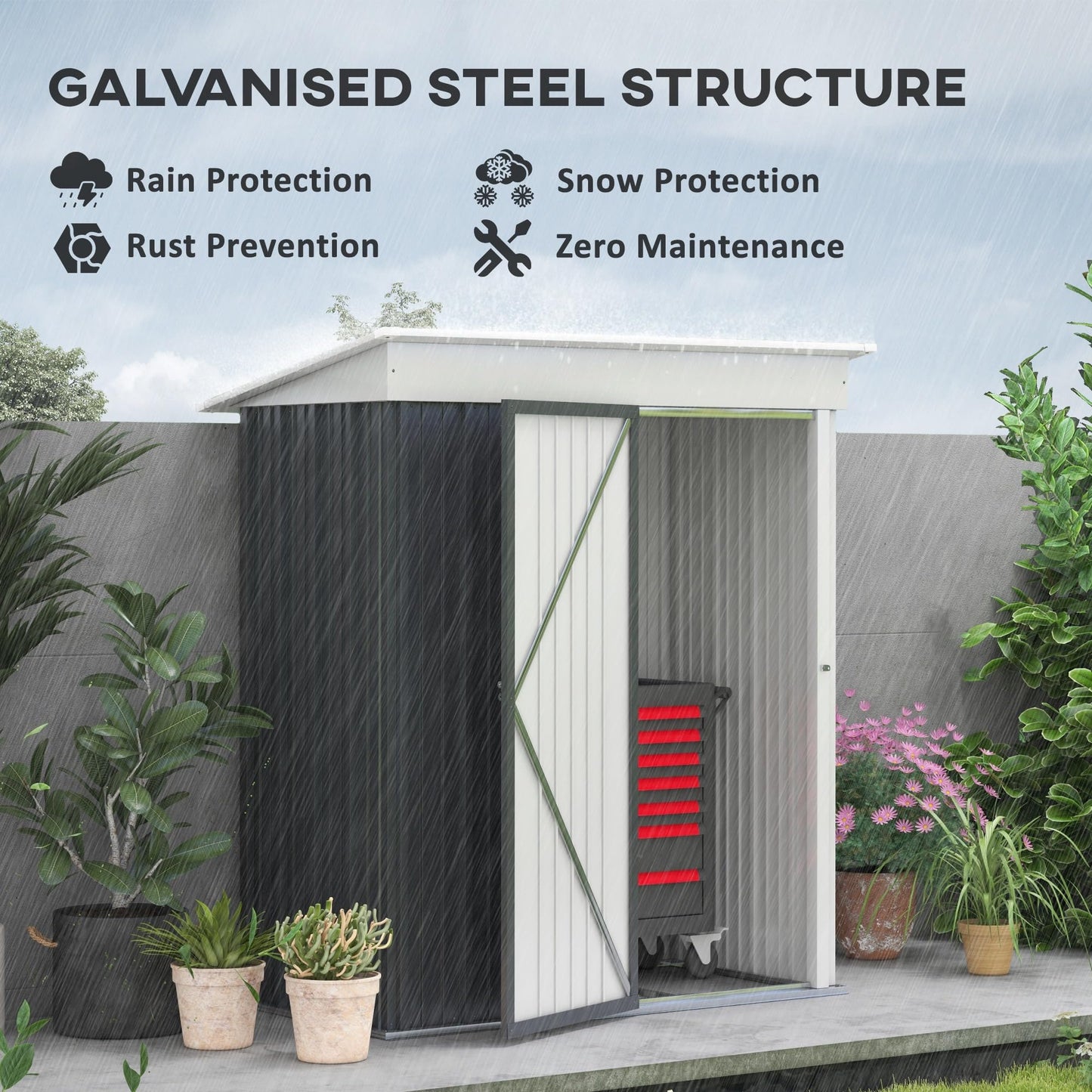 Outsunny 5x3ft Garden Shed, Steel Small Shed, Outdoor Lean-to Shed with Adjustable Shelf, Lock and Gloves for Patio, Garden, Dark Grey with Foundation Kit