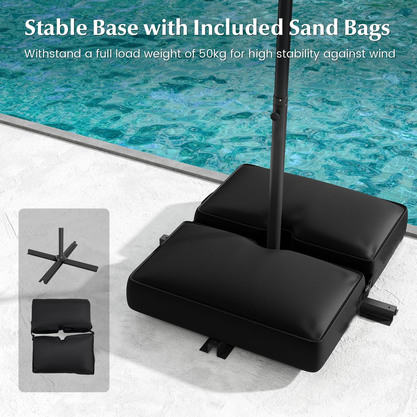 COSTWAY 3M Cantilever Garden Parasol, Hanging Offset Umbrella with 40 LED Lights, Solar Panel Batteries & Sand Bag, Outdoor Water-proof Canopy Sunshade Shelter for Patio Balcony (Navy)