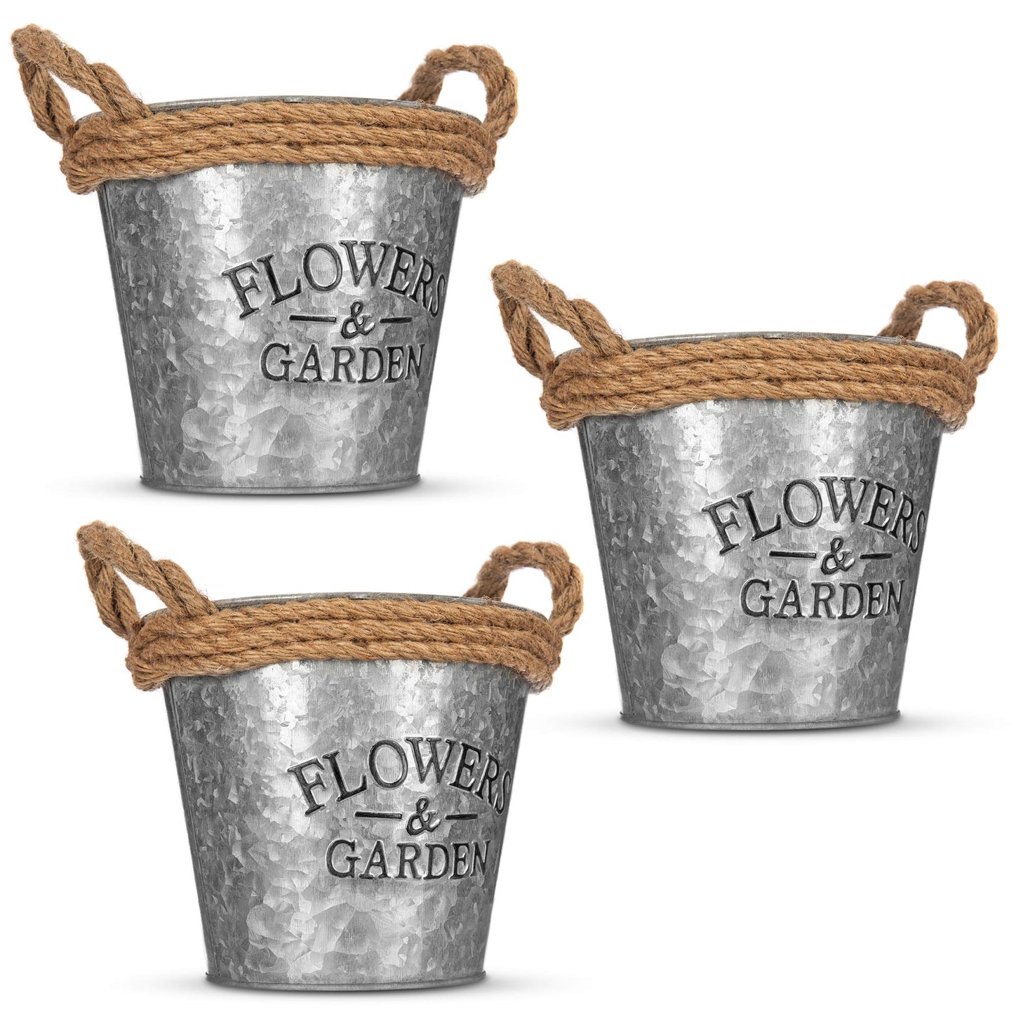 LIVIVO Zinc Plant Pot with Anti-Slug Cotton Rope Handles and 'Flowers & Garden' Design for Outdoor or Indoor Garden, Flower Pot, Herb Garden or Avocado Vase (Set of 3, Round)