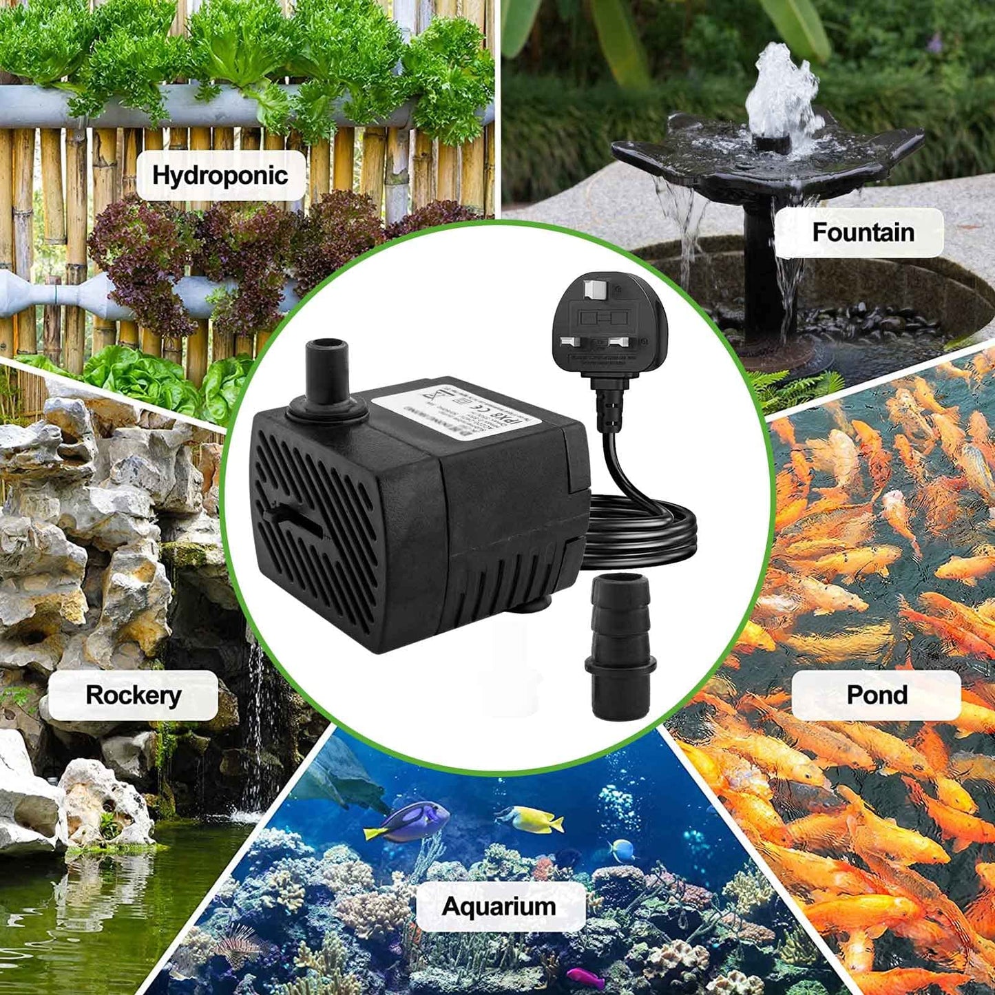 Mini Submersible Water Pump (350L/H, 5W) Adjustable Ultra Quiet Fountain Water Pump for Aquarium, Fish Tank, Pond, Statuary, Hydroponics, Indoor or Outdoor Fountain with 1.5M Power Cord and 2 Nozzles