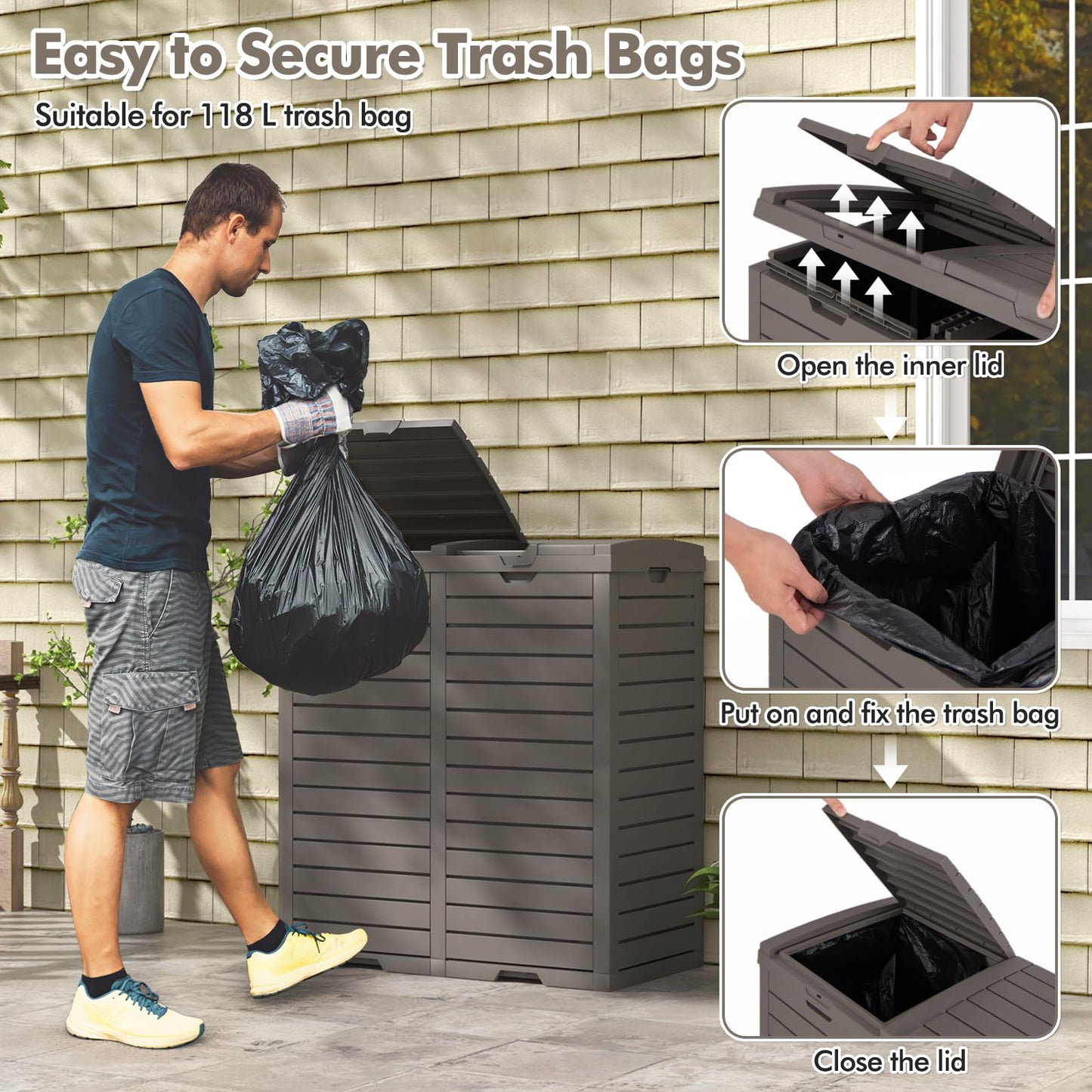 COSTWAY Outdoor Double Bin Trash Can, 235L Waterproof Resin Garbage Can Container with Drip Tray, Dual Lid Closure Design and Handles, Outside Waste Trash Bin for Garden Patio Backyard