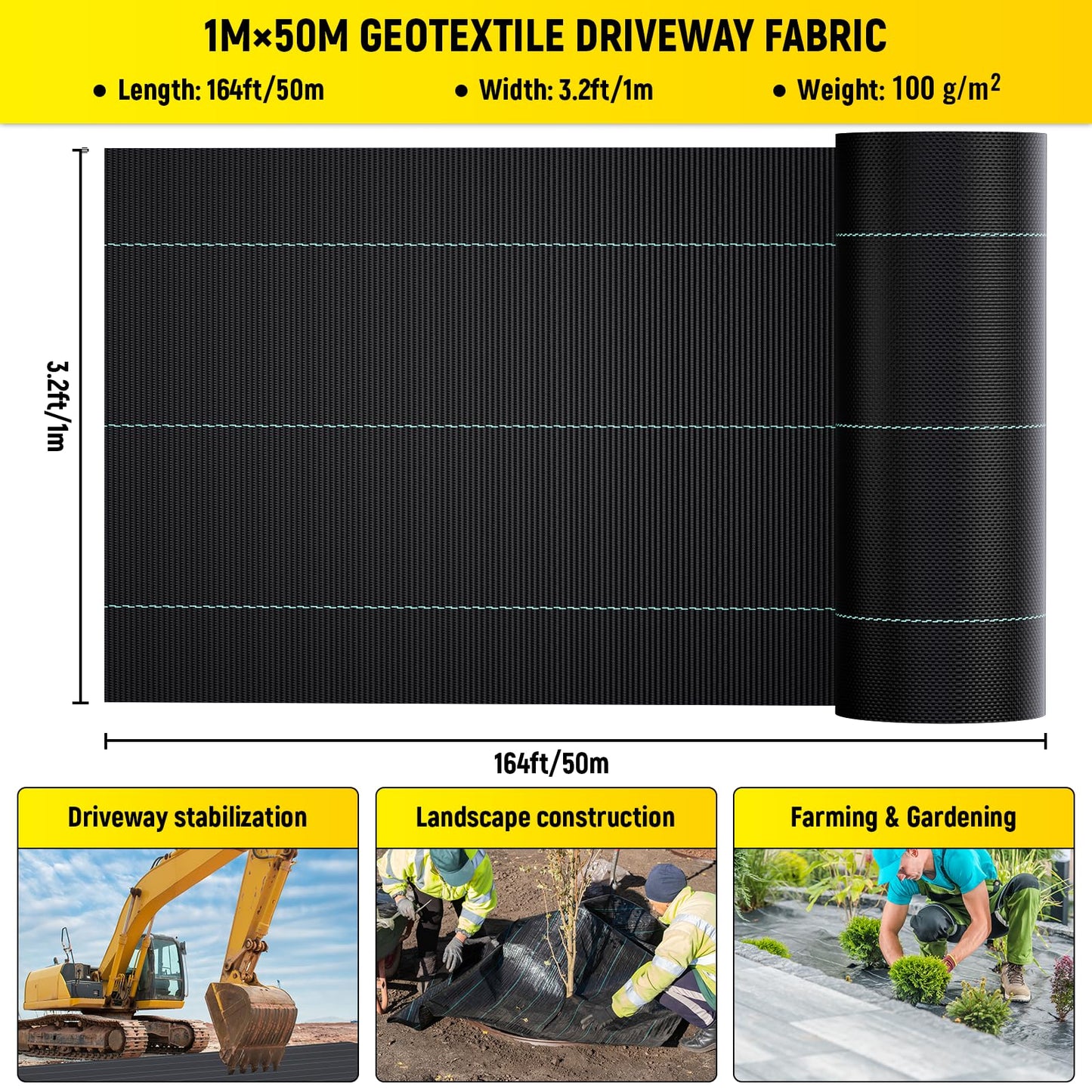 VELPAX Weed Control Membrane 1Mx50M Heavy Duty Weed Control Fabric, UV stabilised Weed Barrier Fabric,Ground cover Membrane for Weed Barrier in Ground Cover,Garden,Raised Bed, Underdecks and Walkways