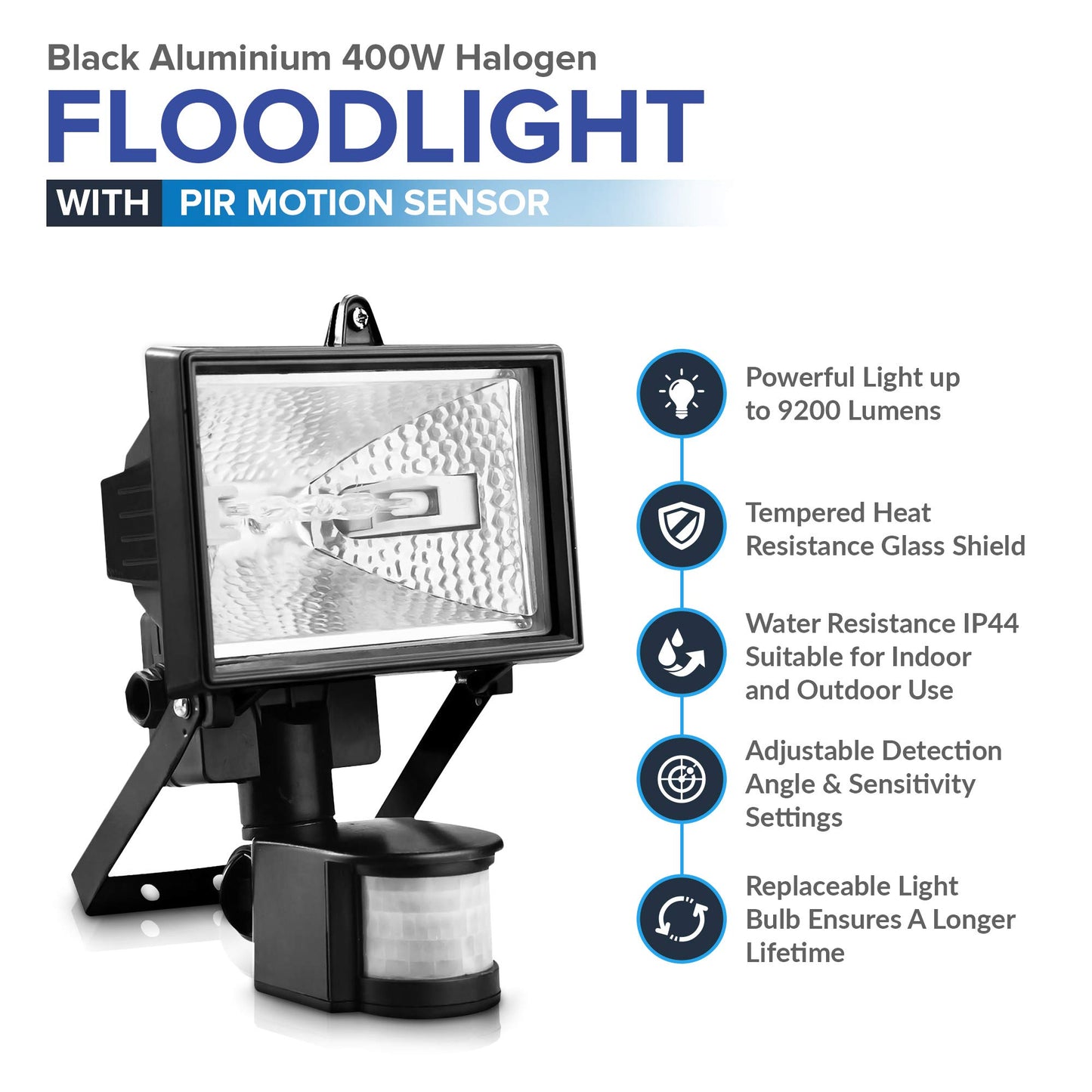 Hillington 400W Motion PIR Sensor Halogen Floodlight Security Garden Outdoor Light-Provided with A 400W C Class Halogen Bulb Which is Shielded by Tempered Heat Resistant- Waterproof Ip56 Protection