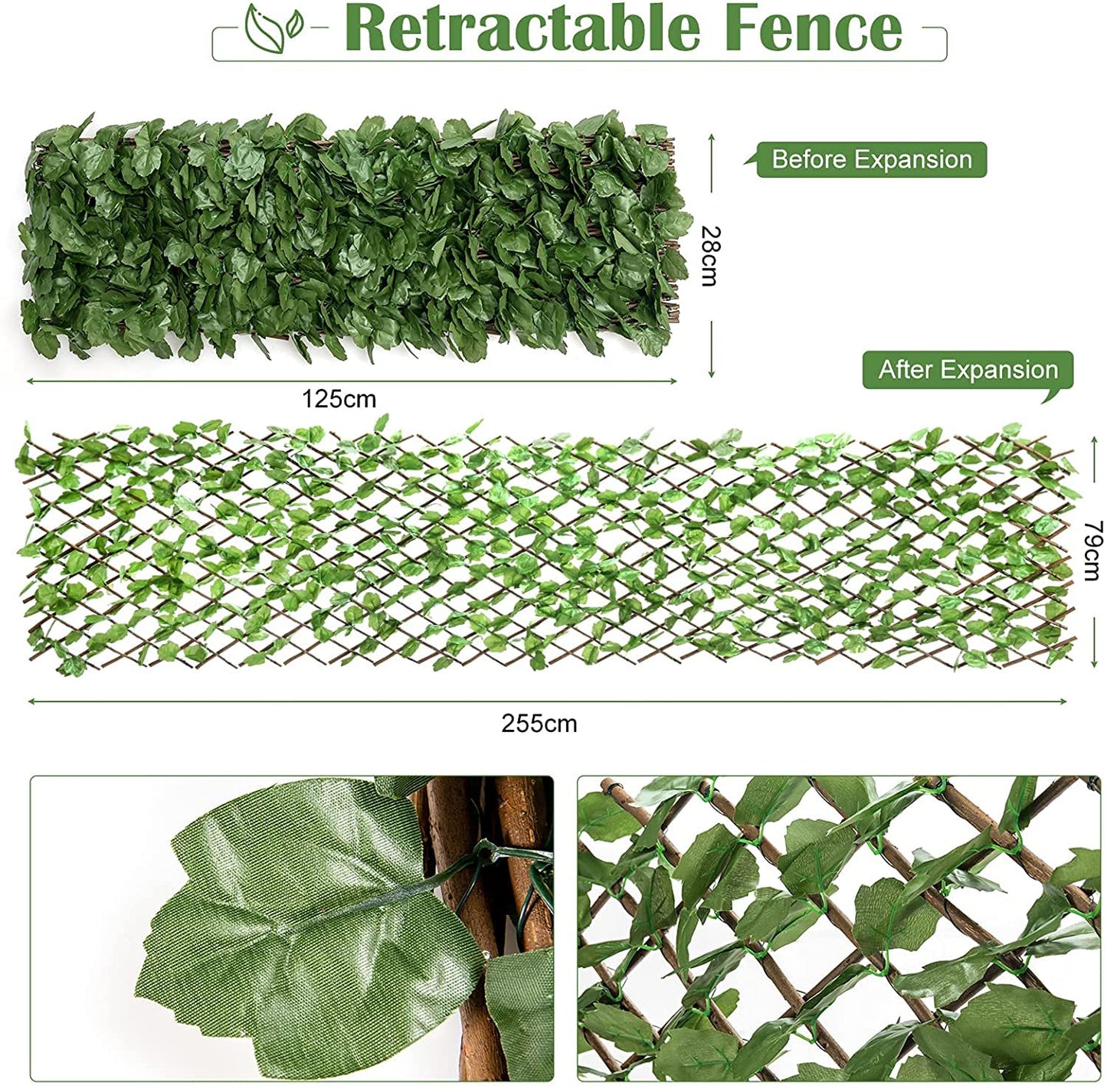 COSTWAY 255 x 79cm Artificial Ivy Leaf Hedge, 3PCS Expandable Willow Trellis Screening with Leaves, UV Protected Wall Privacy Fence Screen for Garden Backyard Terraces