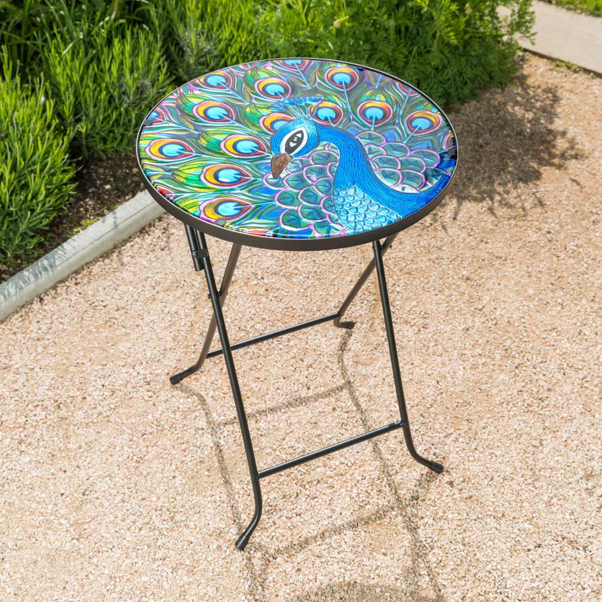 CHRISTOW Bistro Table Glass Top Round Folding Garden Patio Decoration Plant Stand (Painted Peacock)