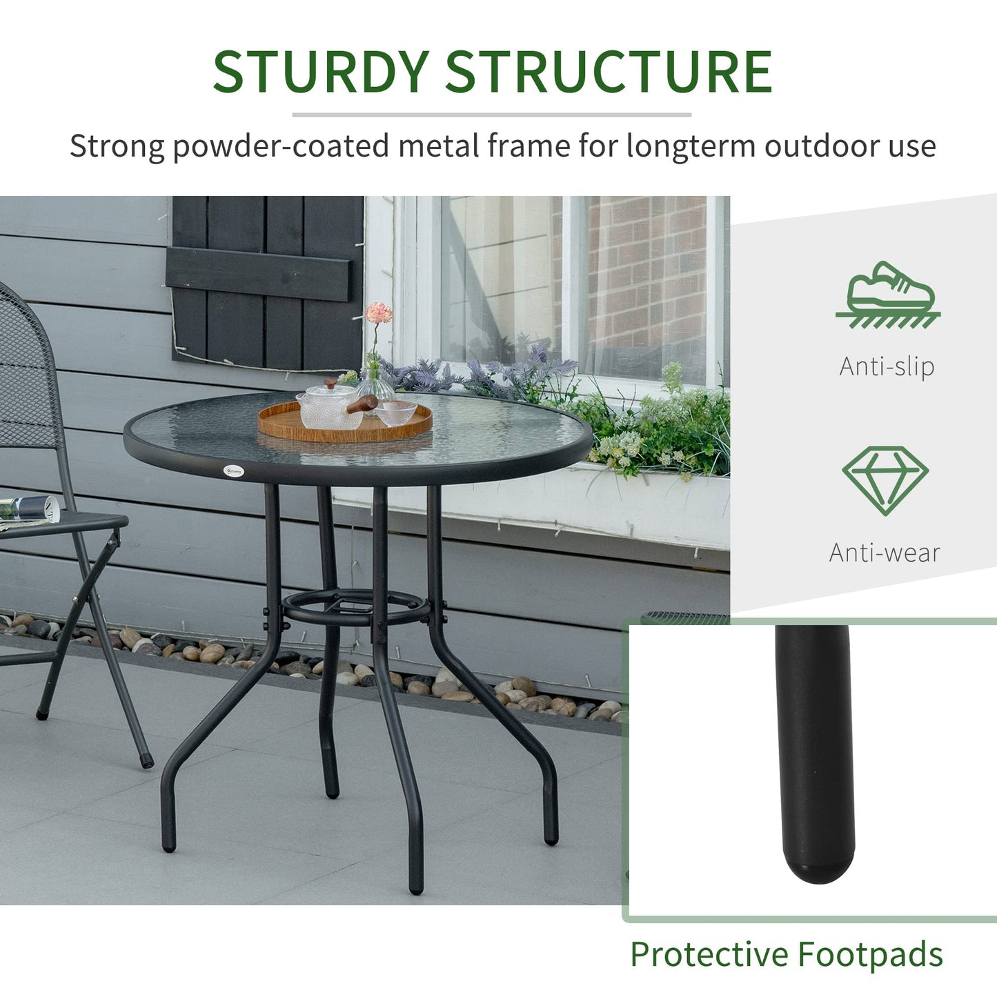 Outsunny Outdoor φ80cm Round Dining Table Tempered Glass Top Steel Frame Bistro Coffee End Side Table Garden w/Parasol Hole