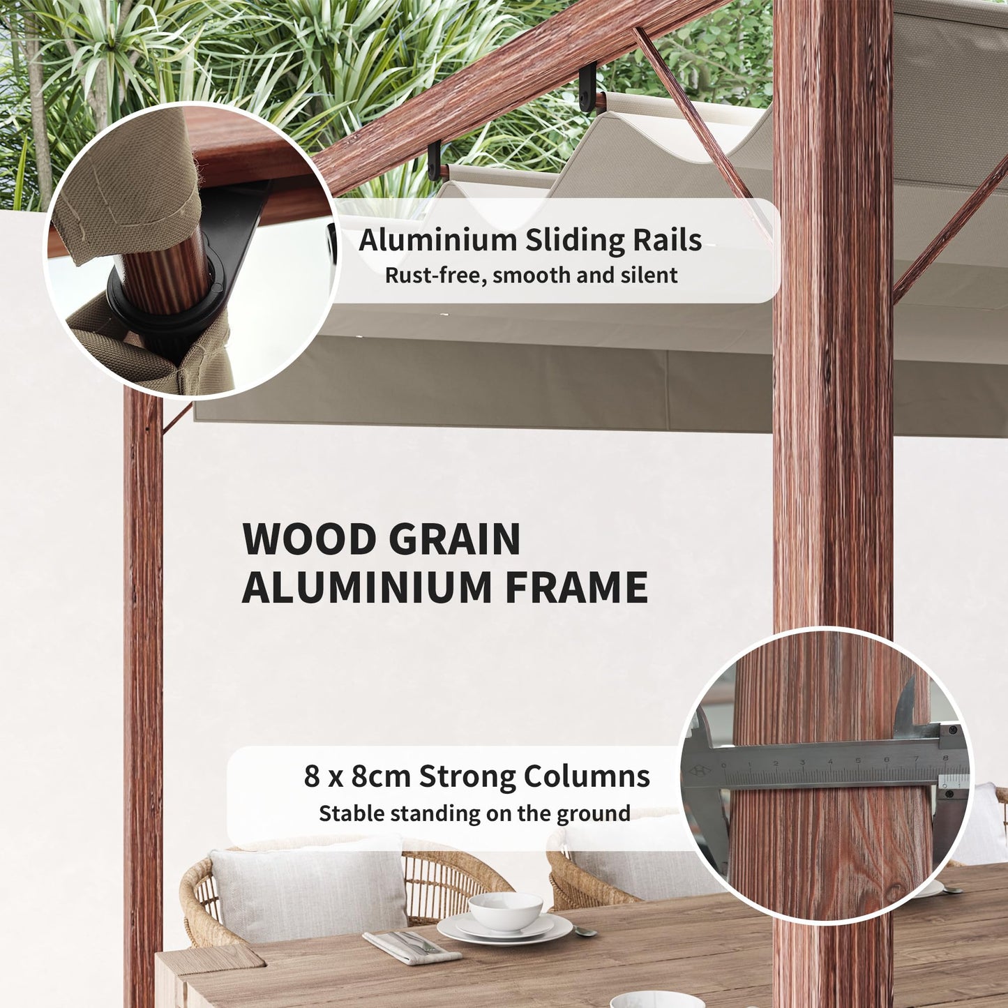 Outsunny 3 x 3(m) Garden Pergola with Retractable Roof Canopy and Wood Grain Aluminium Frame, Outdoor Gazebo Pergola Kit, UPF30- Sun Shade Shelter for Deck, Porch, Natural Wood Finish