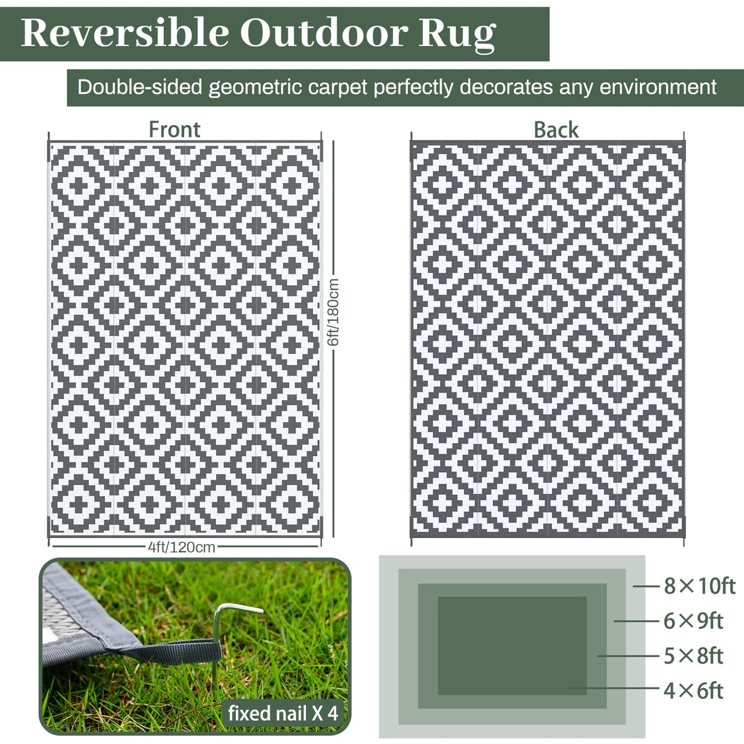 MOKANI Outdoor Rug for Patios Waterproof, Anti-slip Plastic Straw Garden Mat Carpet UV Resistant Indoor Area Rugs for Camping, Deck, Beach, Picnic, Backyard (120x180cm)