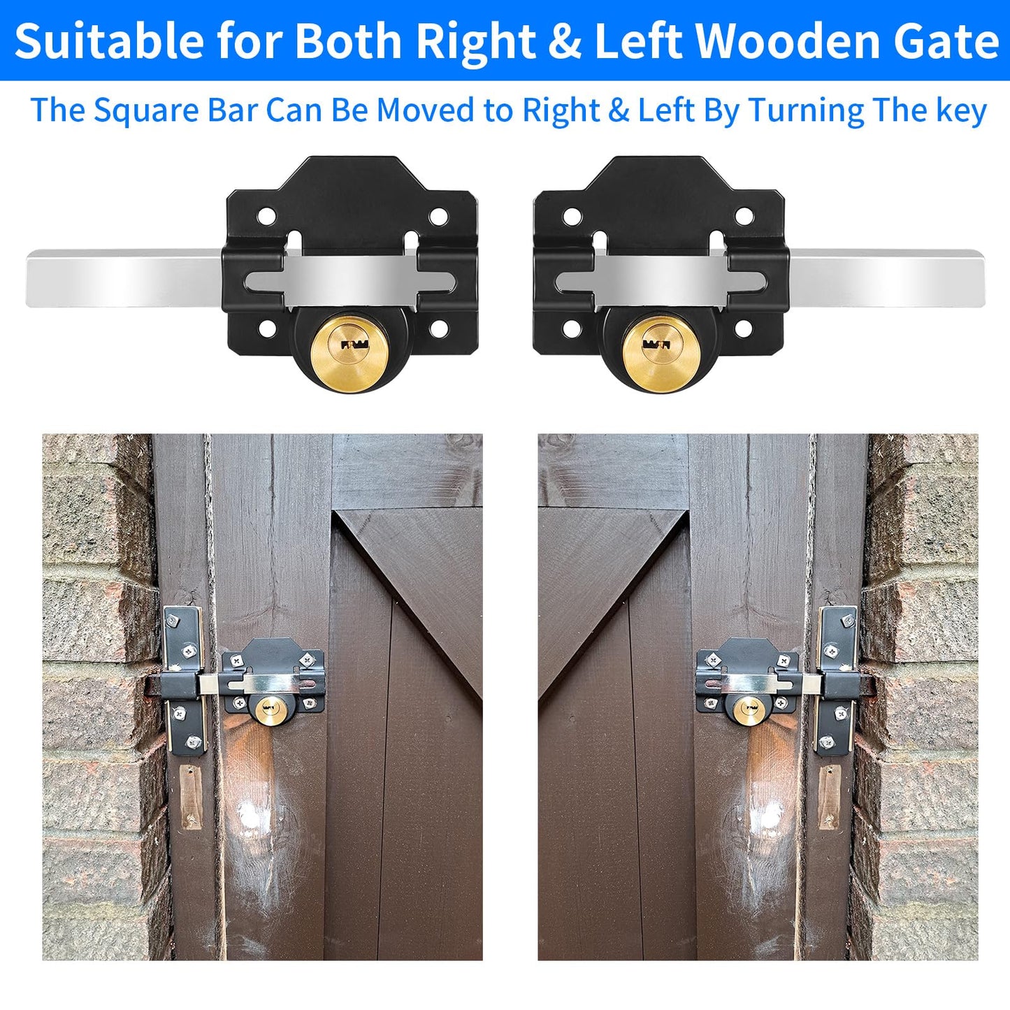 Mortrise Lock, Long Throw Gate Lock for Wooden Gate, Double Sides Locking, 50mm, 5 Keys