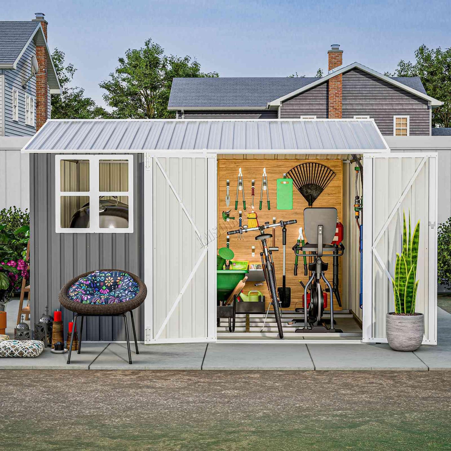 BIRCHTREE Garden Shed Steel Apex Roof House Outdoor Backyard Storage With Lockable Double Doors Window Free Foundation Tool Equipment Organizer Air Vents 10x8FT Grey