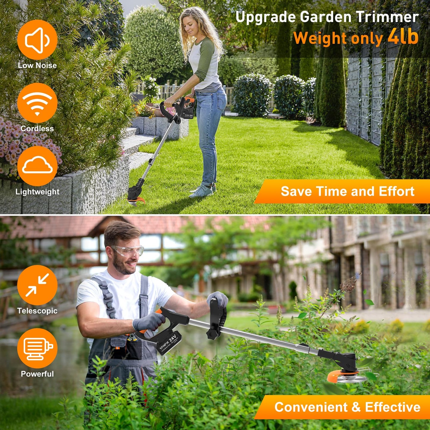 Cordless Strimmer, 24V Electric Grass Trimmers with 6x Metal Blades & 10x Plastic Blades, Telescopic Garden Strimmer with 2X 4000mAh Batteries, Battery Strimmer Grass Cutter for Garden Lawn Shrubs