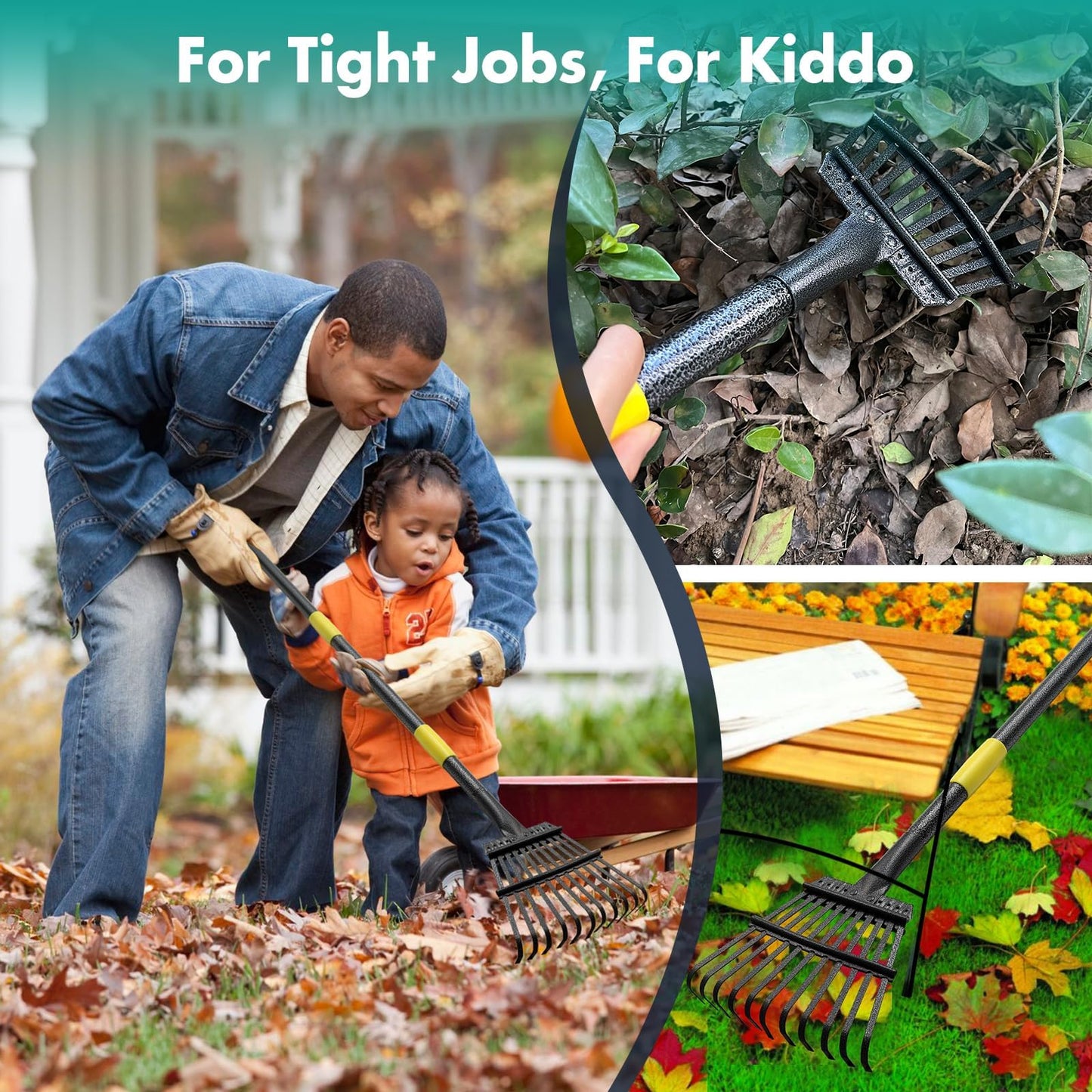 Rake, 175cm Long, 11 Tines Small Metal Garden Rake for Leaves, Heavy Duty 22.5cm Wide Rakes for Lawns, Yard Leaf Rake for Gardening , Flower Beds, Shrub, Kids Rake