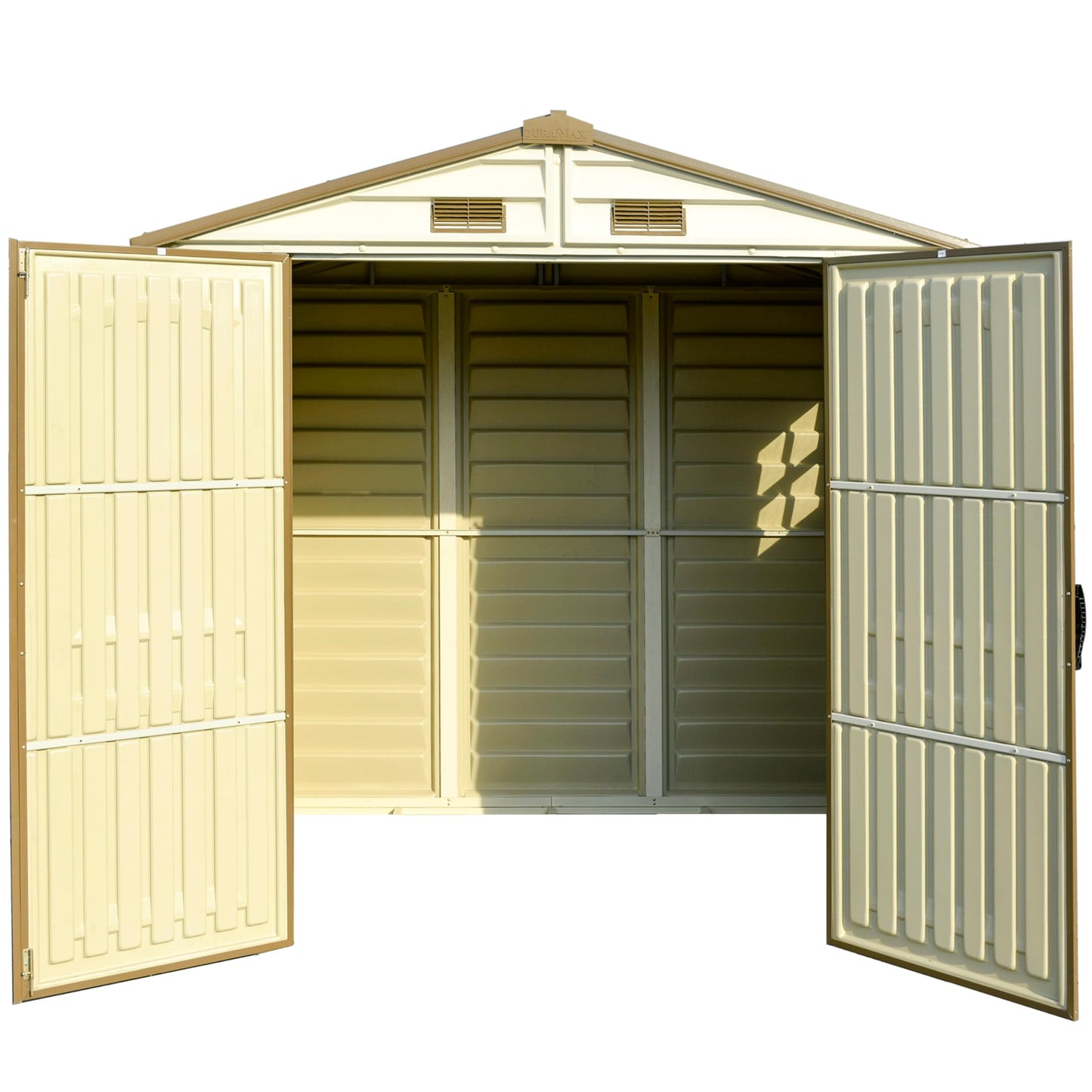 Duramax StoreAll 8 x 6 (4.12 m2) Plastic Garden Storage Shed with 1 Fixed Window & Metal Foundation Kit, Strong Metal Roof Structure Fire Retardant and Maintenance-Free Storage Shed - Ivory/Brown