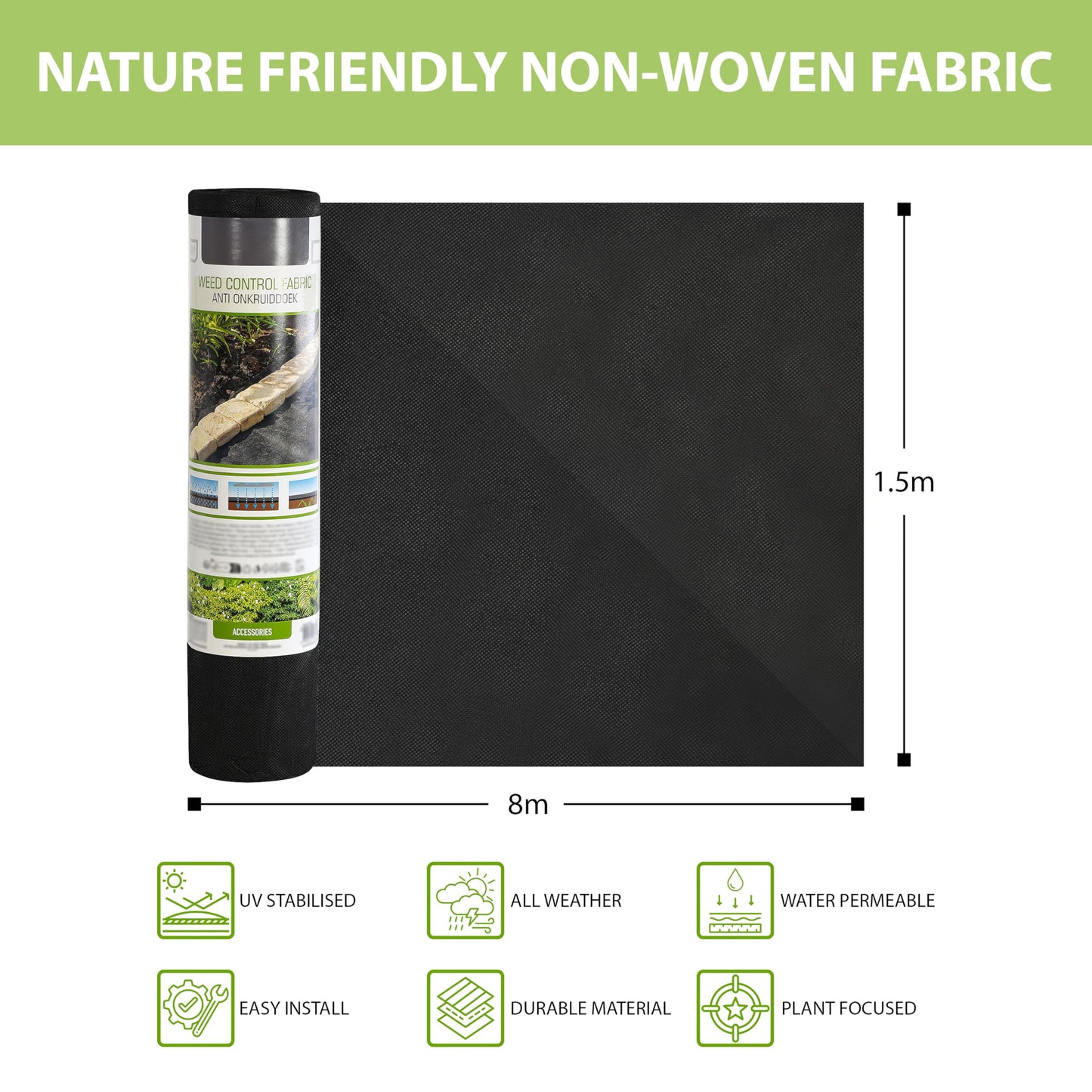 GEEZY Garden Weed Control Fabric Membrane Ground Sheet Cover 1.5x8m - Easy to Cut, Lay, Install - UV Stabilised Non-Woven Permeable Weed Membrane - Suitable for Gardening Decking Landscaping (1 Roll)