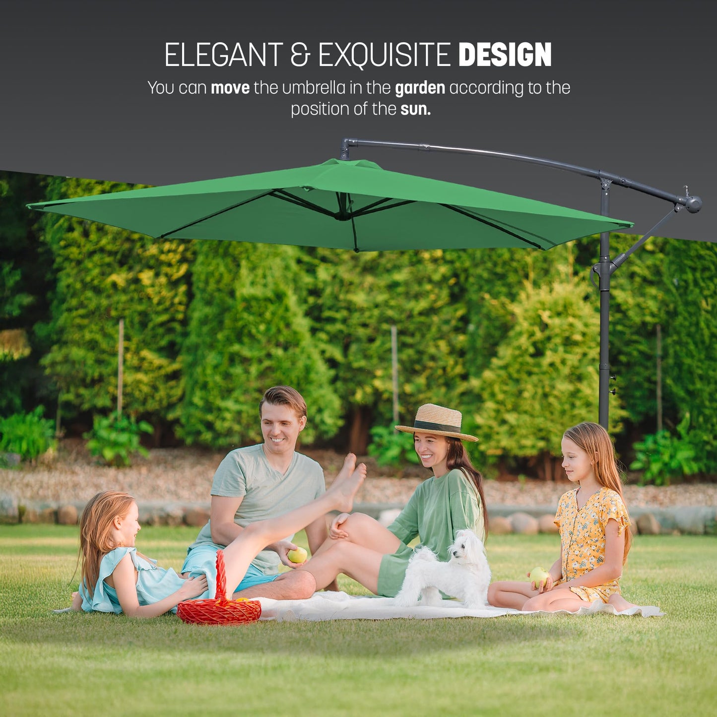 KEPLIN 3M Cantilever Garden Parasol, Garden Umbrella with Crank Handle & Cover, UV Protection, Water-Repellent Polyester, Powder-Coated Pole, 6 Ribs Garden Parasol and Base, Sturdy Cross Base, Green