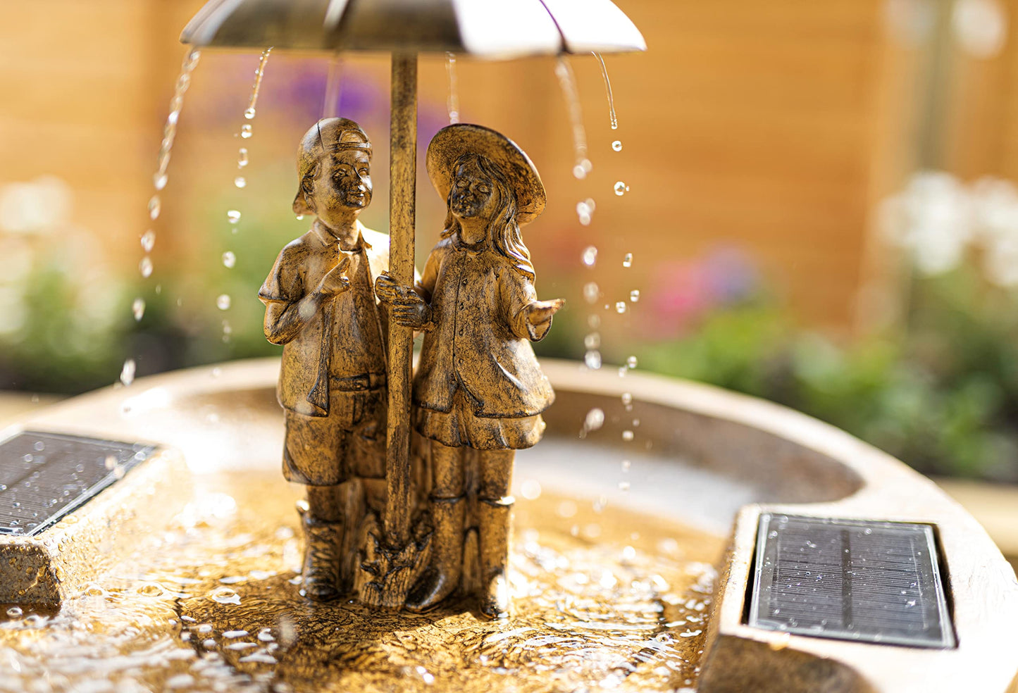 Garden Mile Solar Powered Boy & Girl Umbrella Water Fountain Rustic Traditional Water Feature Garden Solar Water Ornamental Fountain Bird Bath Garden Patio Energy Efficient Resin Solar Water Feature