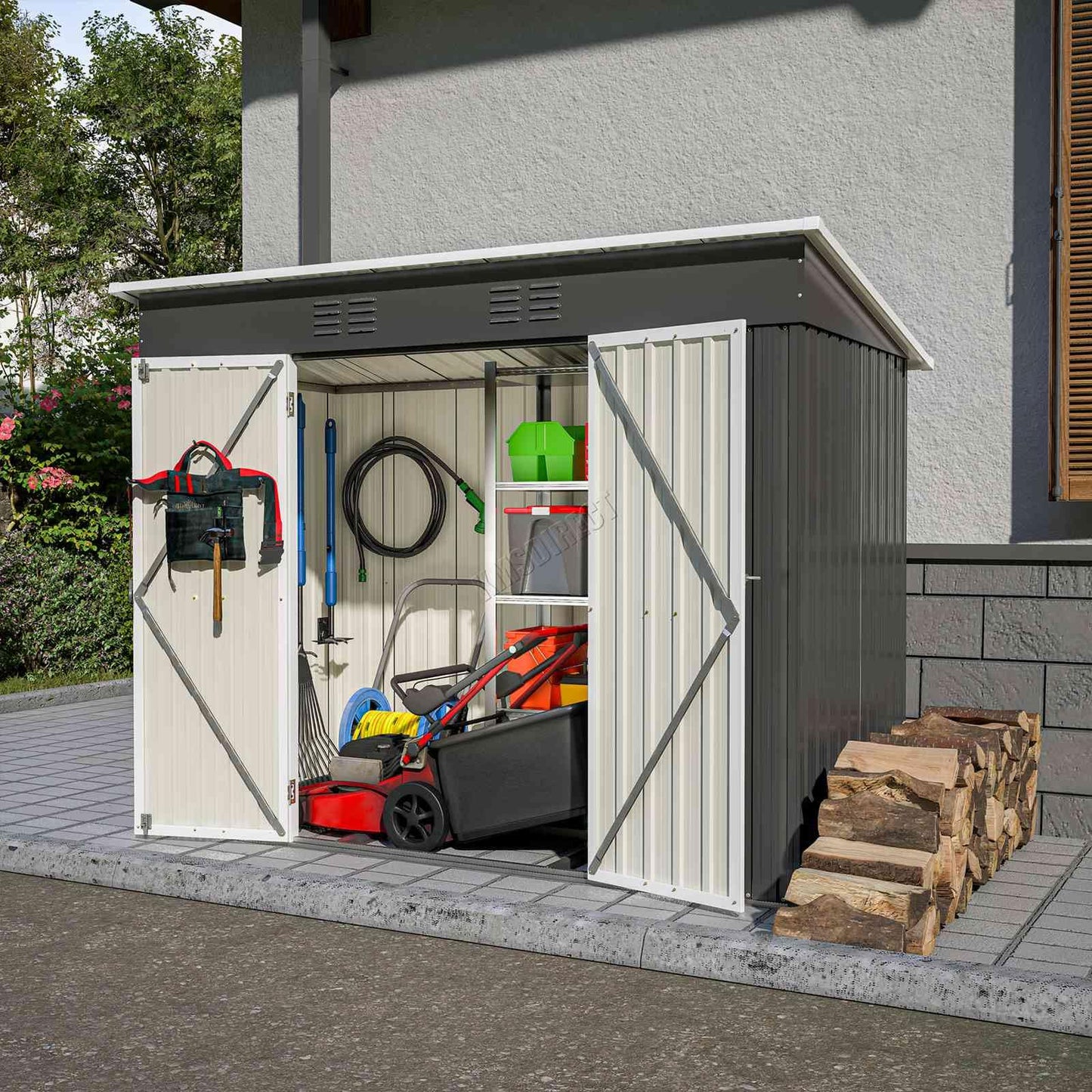 BIRCHTREE Garden Shed Metal Pent Roof 4FT X 8FT Outdoor Storage With Free Foundation Anthracite and White