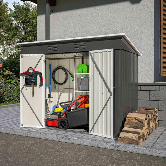 BIRCHTREE Garden Shed Metal Pent Roof 4FT X 8FT Outdoor Storage With Free Foundation Anthracite and White