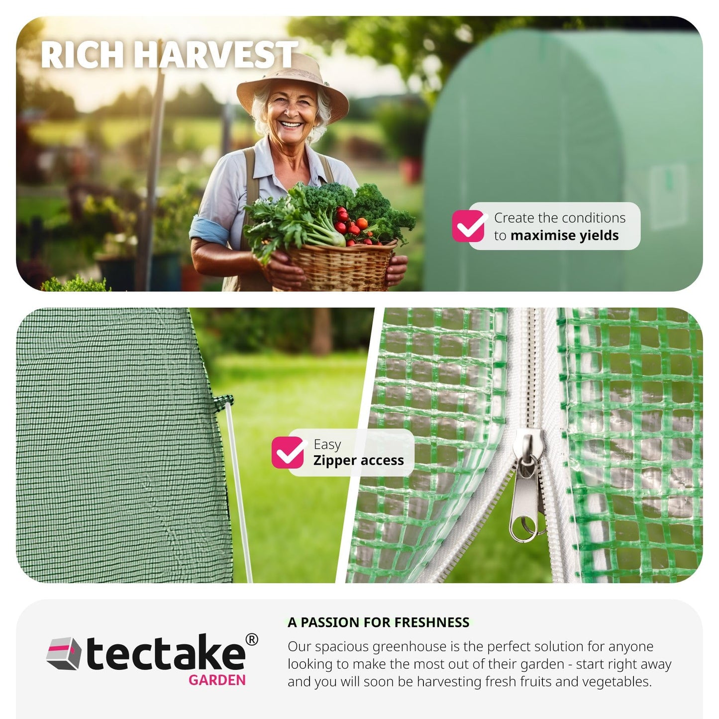tectake® Greenhouse Polytunnel, Durable Steel Frame Grow Tent, PE Greenhouse Cover with Zip Door, 6 Mesh Windows, Frost-Resistant, 7m² Planting & Potting Space, Incl. Greenhouse Accessories - green