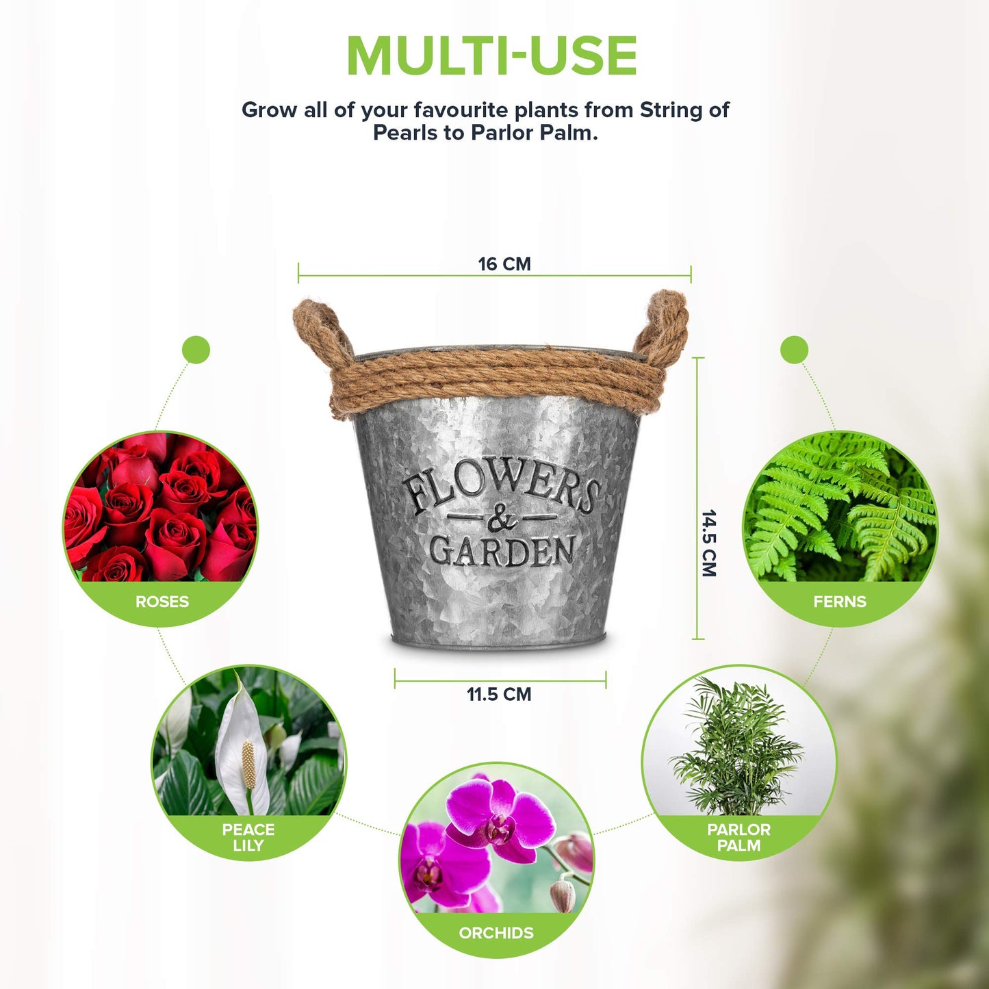LIVIVO Zinc Plant Pot with Anti-Slug Cotton Rope Handles and 'Flowers & Garden' Design for Outdoor or Indoor Garden, Flower Pot, Herb Garden or Avocado Vase (Set of 3, Round)
