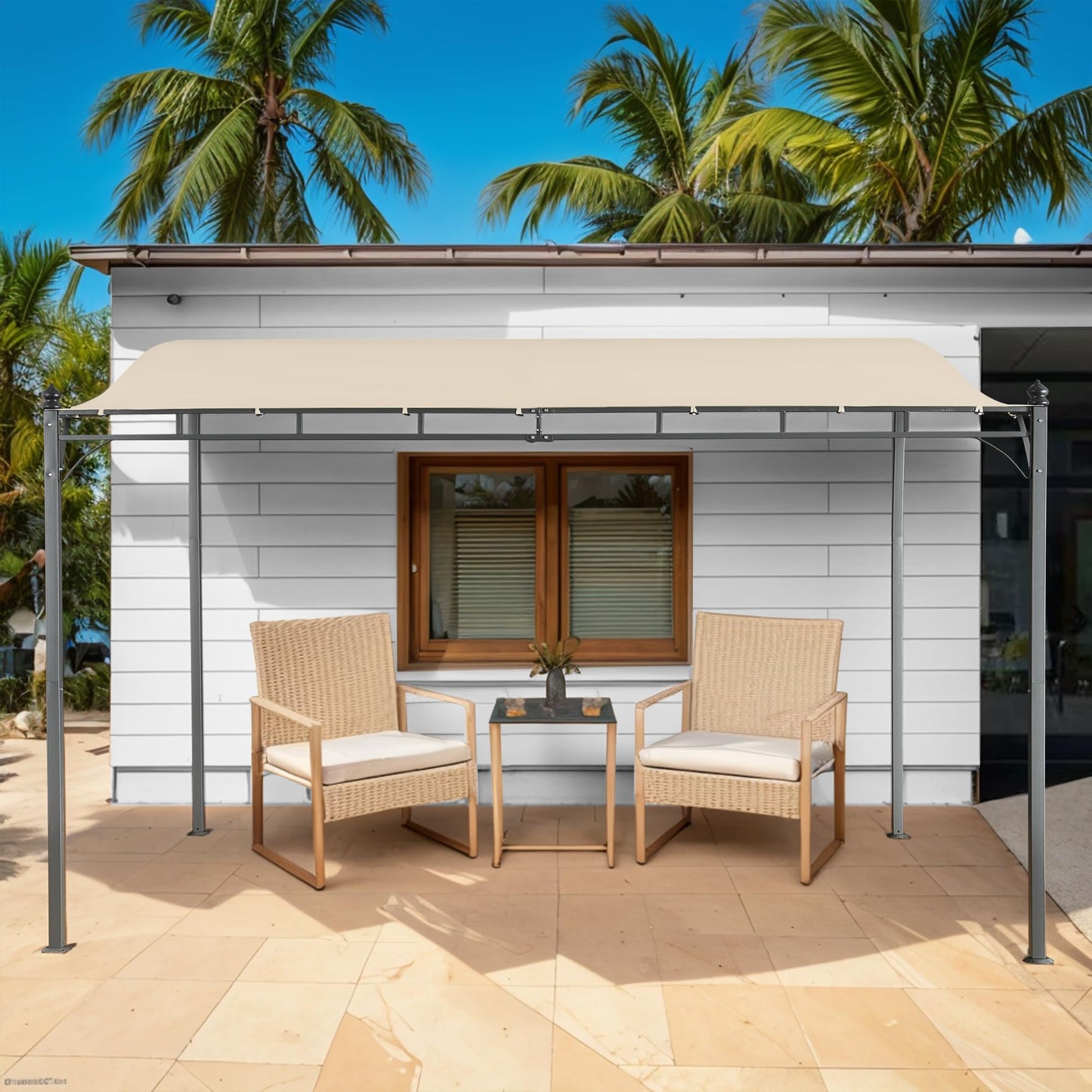 AOUXIN 2.9 x 2.5m Pergola Gazebo with Metal Frame, Elegant Scrolling Canopy, Weather-Resistant, Garden Outdoor Shelter, Beige