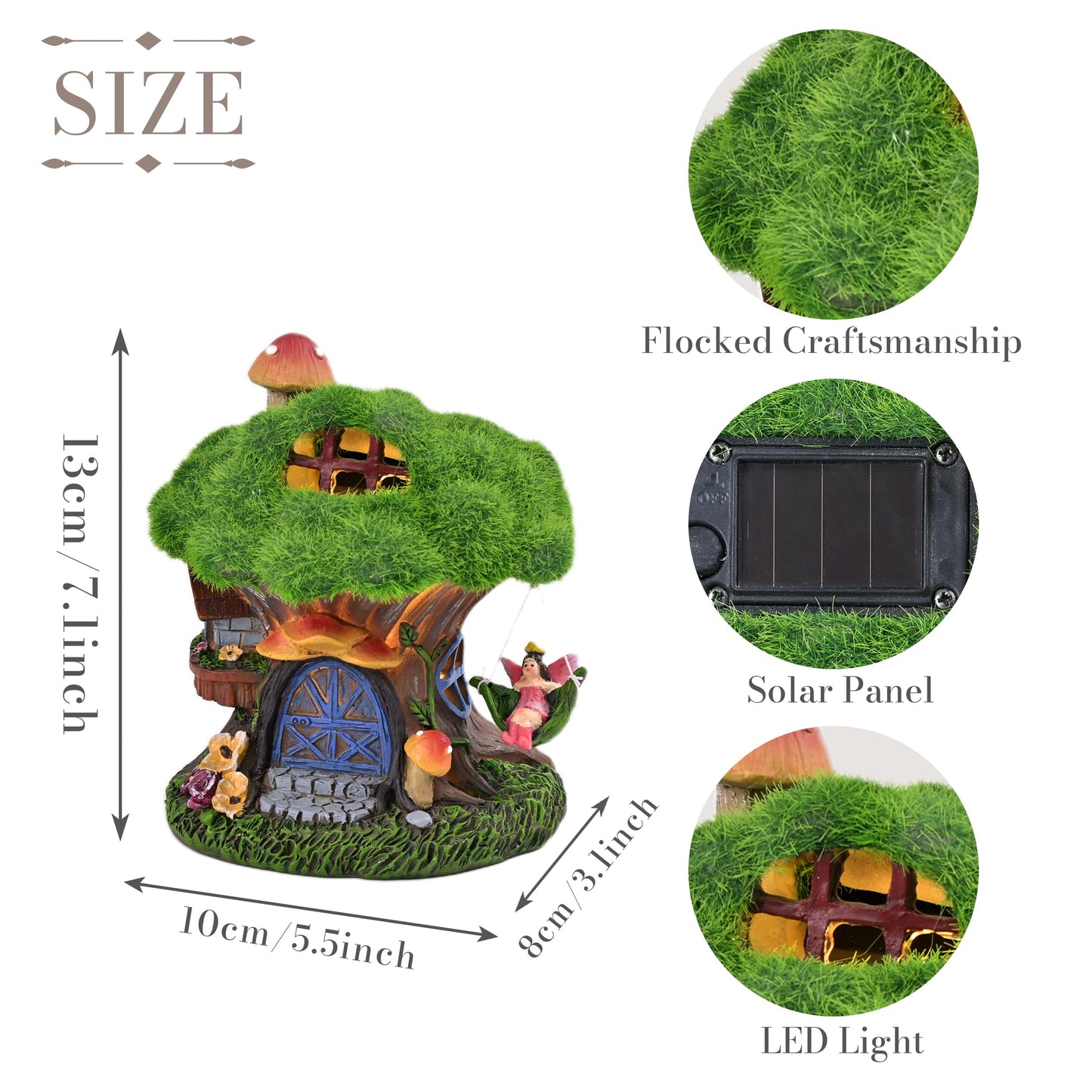 TERESA'S COLLECTIONS Garden Ornaments Outdoors, Solar Green Tree House with Swinging Fairy, Waterproof Resin Fairy House Ornaments, Indoor Outdoor 13CM