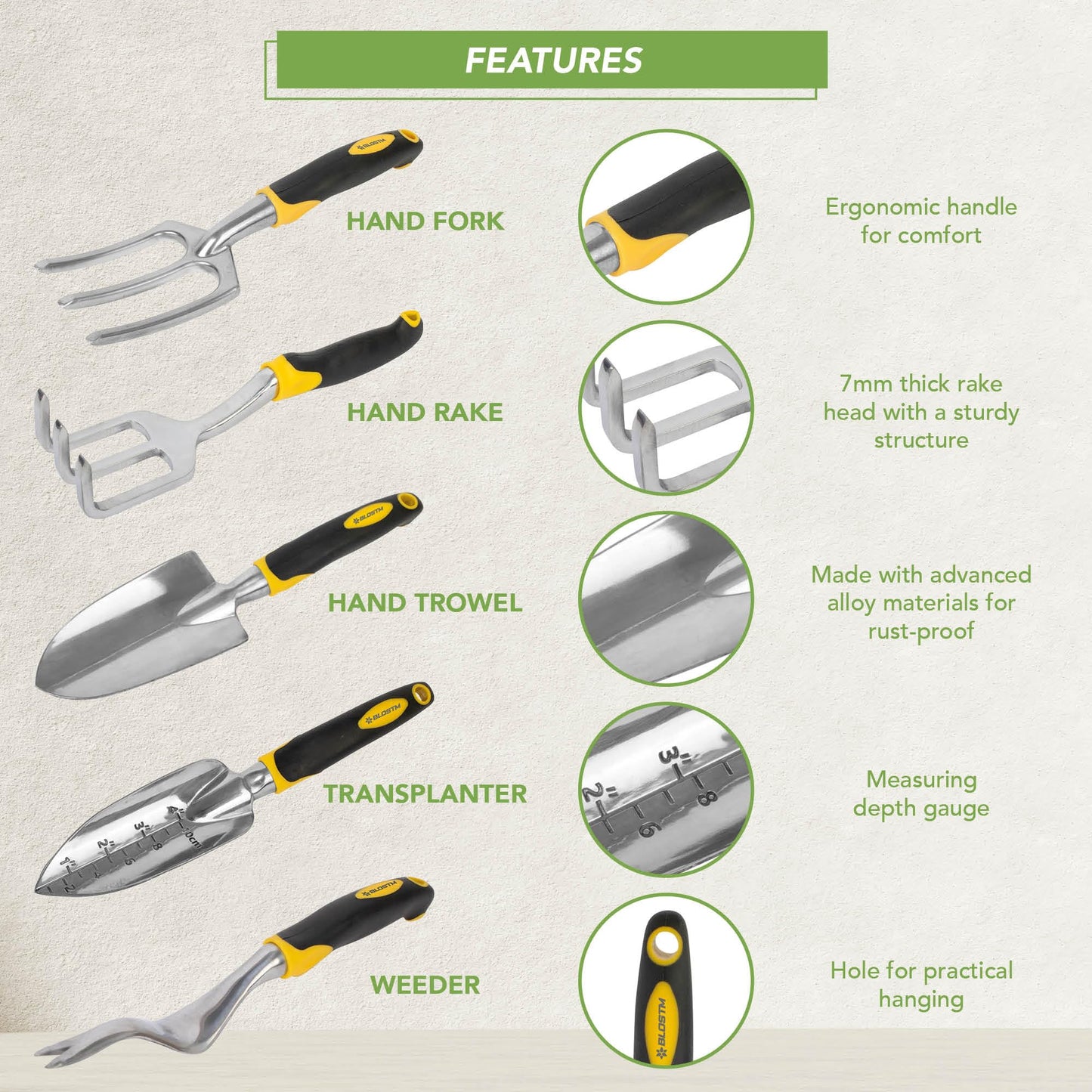 BLOSTM Gardening Tools Set 5 PCS - Heavy Duty Garden Tools for Gardening with Ergonomic Handles, Anti-Rust Trowel and Fork Set, Weeding Fork, Transplanter Trowel Set, Hand Rake