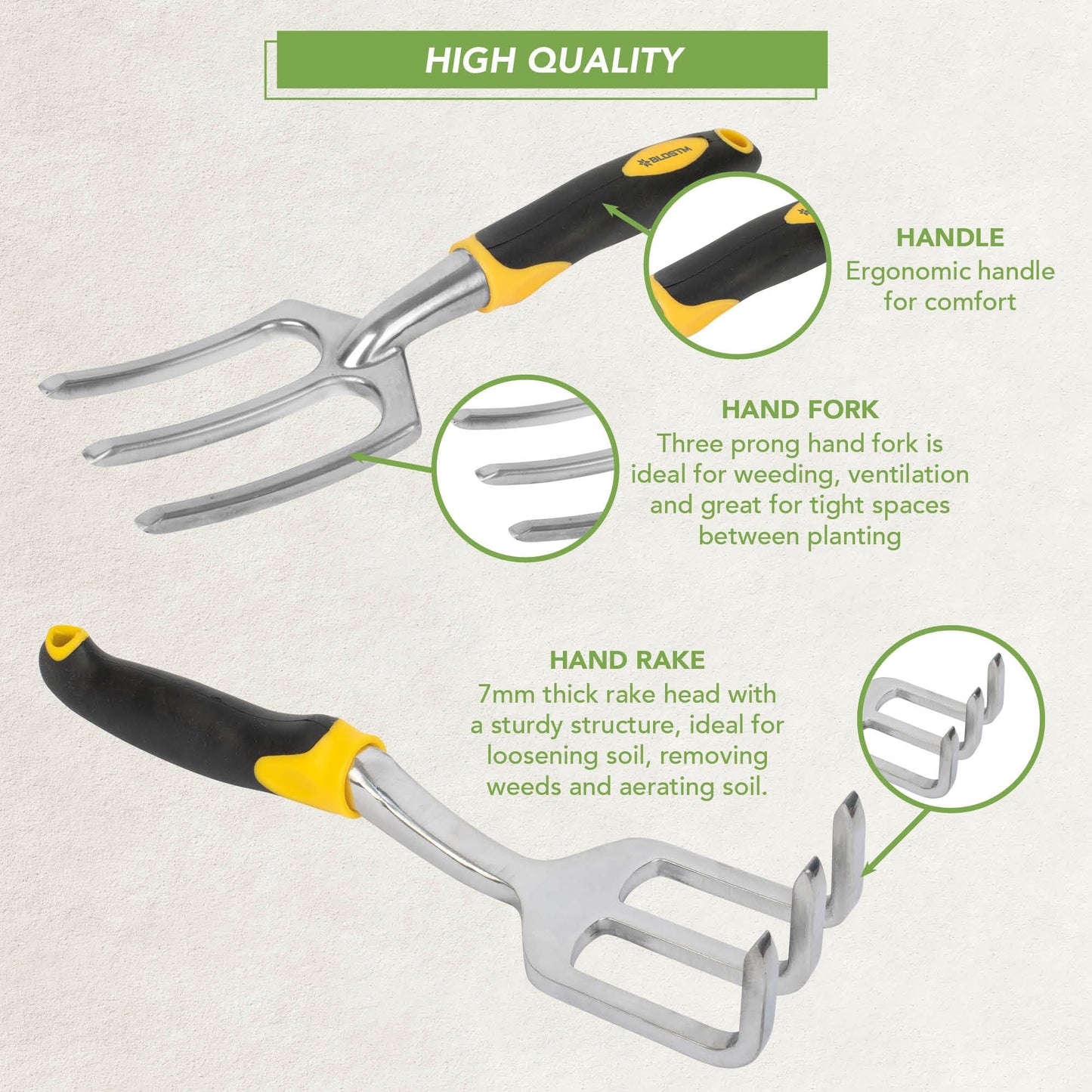 BLOSTM Gardening Tools Set 5 PCS - Heavy Duty Garden Tools for Gardening with Ergonomic Handles, Anti-Rust Trowel and Fork Set, Weeding Fork, Transplanter Trowel Set, Hand Rake