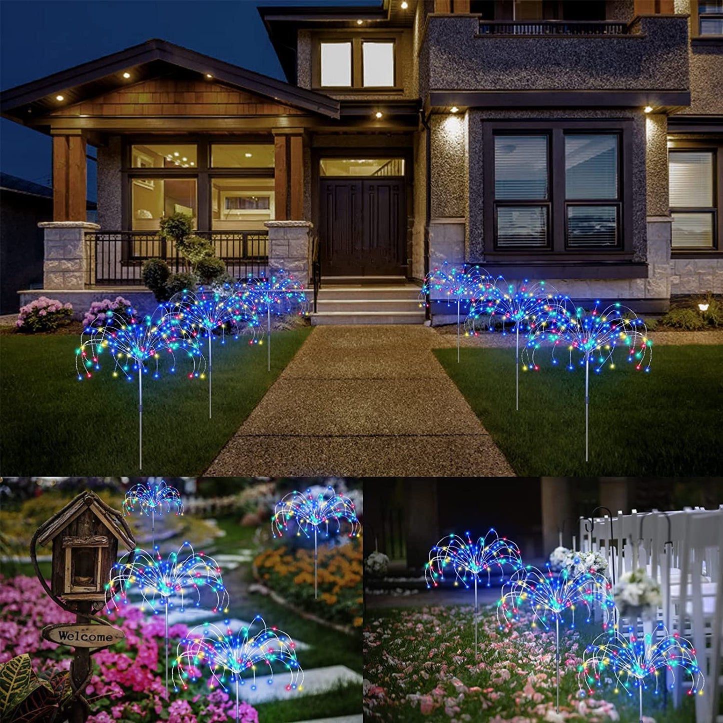 Solar Garden Lights Outdoor 3 Pcs Solar Fireworks Garden Lights Solar Lamp with Remote Control 8 Modes 120 LEDs Waterproof Outdoor Lamp Garden Lights Lawn Backyard Flower Boxes Pathway