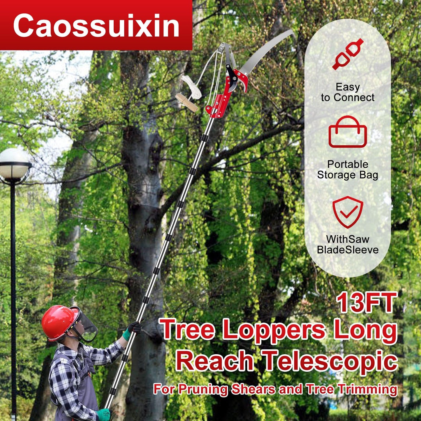 Caossuixin 2 in 1 Telescopic Tree Loppers Long Reach, 2.7ft-13ft Long Reach Tree Pruner with Extendable Handle, Branch Cutters Pole Saw loppers for Yard Garden Patios Trees Branches Cutting