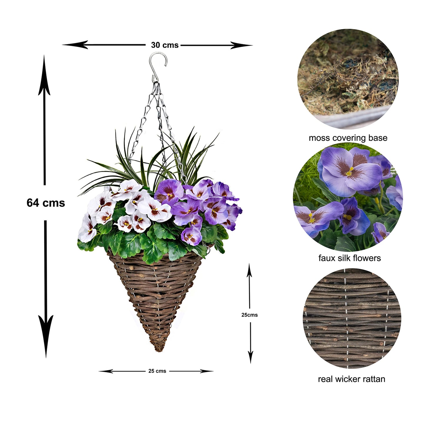 2 x Cone Shaped Hanging Baskets with Purple & White Flowers and Decorative Grasses (Set of 2)